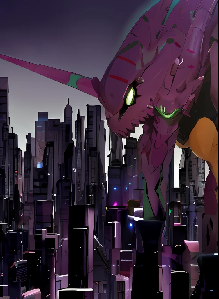 Purple dragon with green eyes standing in front of the city skyline, Presents a huge body，evangelion third impact inspired, evangelion beast mode, movie still of robot evangelion, eva unit-00 in the back, Neon Genesis Evangelion style, rebuild of evangelion 1 0 8 0 p, from evangelion, in neo tokyo, end of evangelion, New - Tokyo