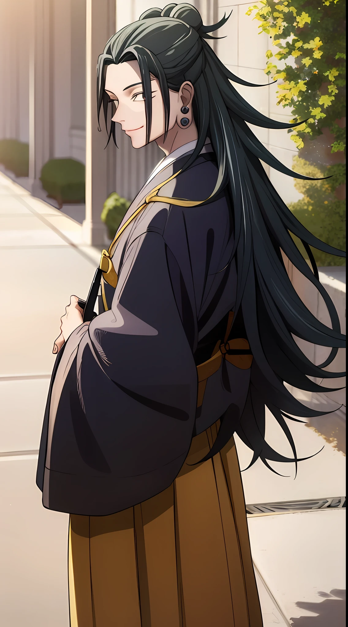 (Masterpiece:1.2, Best quality), (fine detailed beautiful eyes: 1.2),1人, 1boy, (Extremely detailed Cg Unity 8K wallpaper, Masterpiece, Best quality, Ultra-detailed, Best shadow), (Detailed background), (Beautiful detailed face, Beautiful detailed eyes), Suga , (Japanese clothes:1.1), kaeya, black kimono, Earrings, Smiling, Male focus, view the viewer,High contrast, (Best illumination, An extremely delicate and beautiful),(simple backround, Outdoors), Cowboy shot
