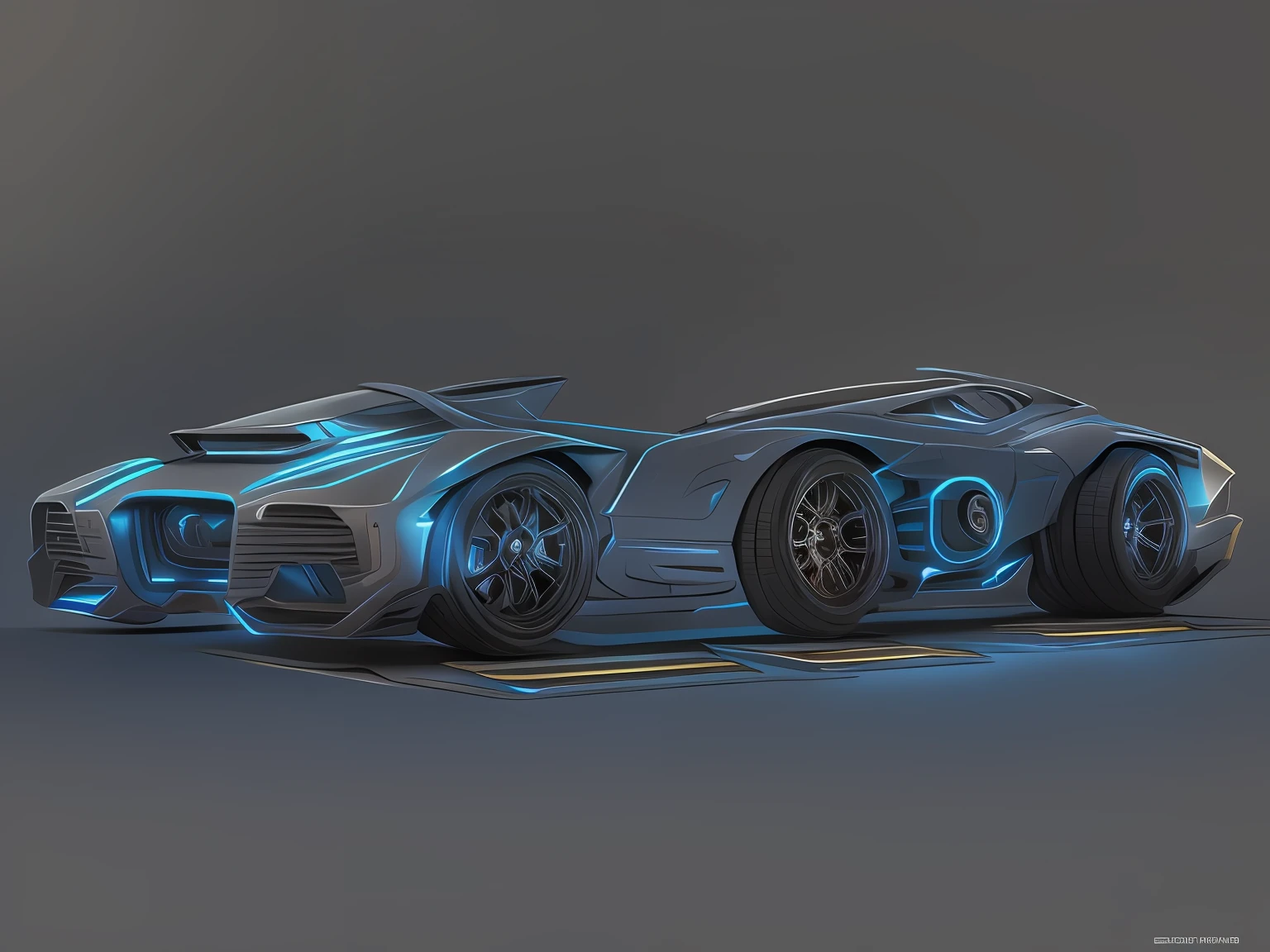 sci-fi car（With luminous tires）of 3/4 front view of a，at the parking lot，Parameter settings，Conceptual sense，Streamlined，Extended version，Mattire，