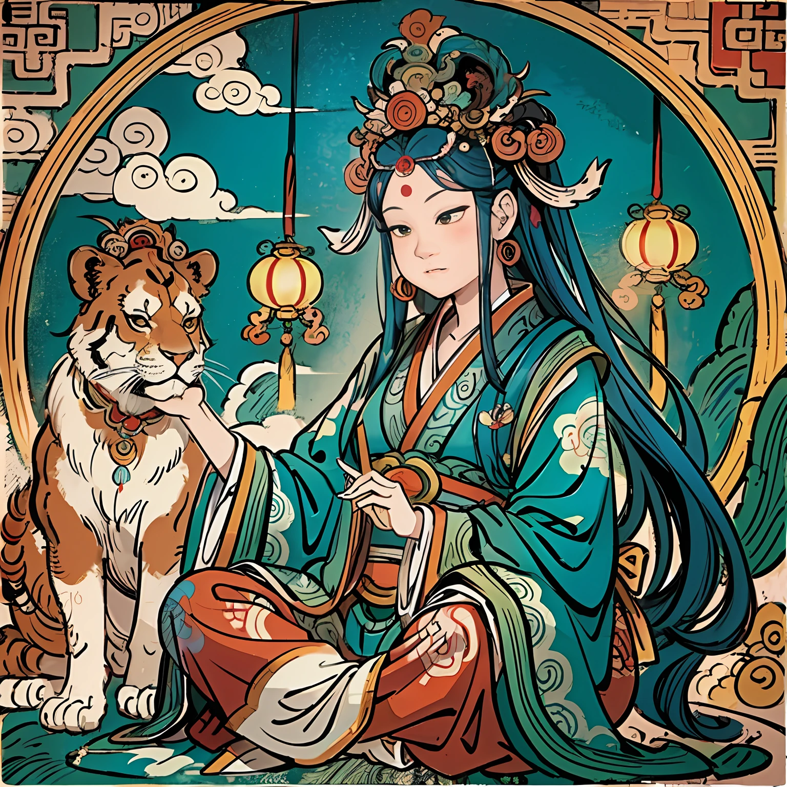 an ancient Chinese goddess, guanyin of the southern seas, Guanyin, Inspired by India, Avalokiteshvara rides a lion，,Serene expression,shui mo hua,Buddha,Buddhist,Lotus,Chinese painting style,Thangka style