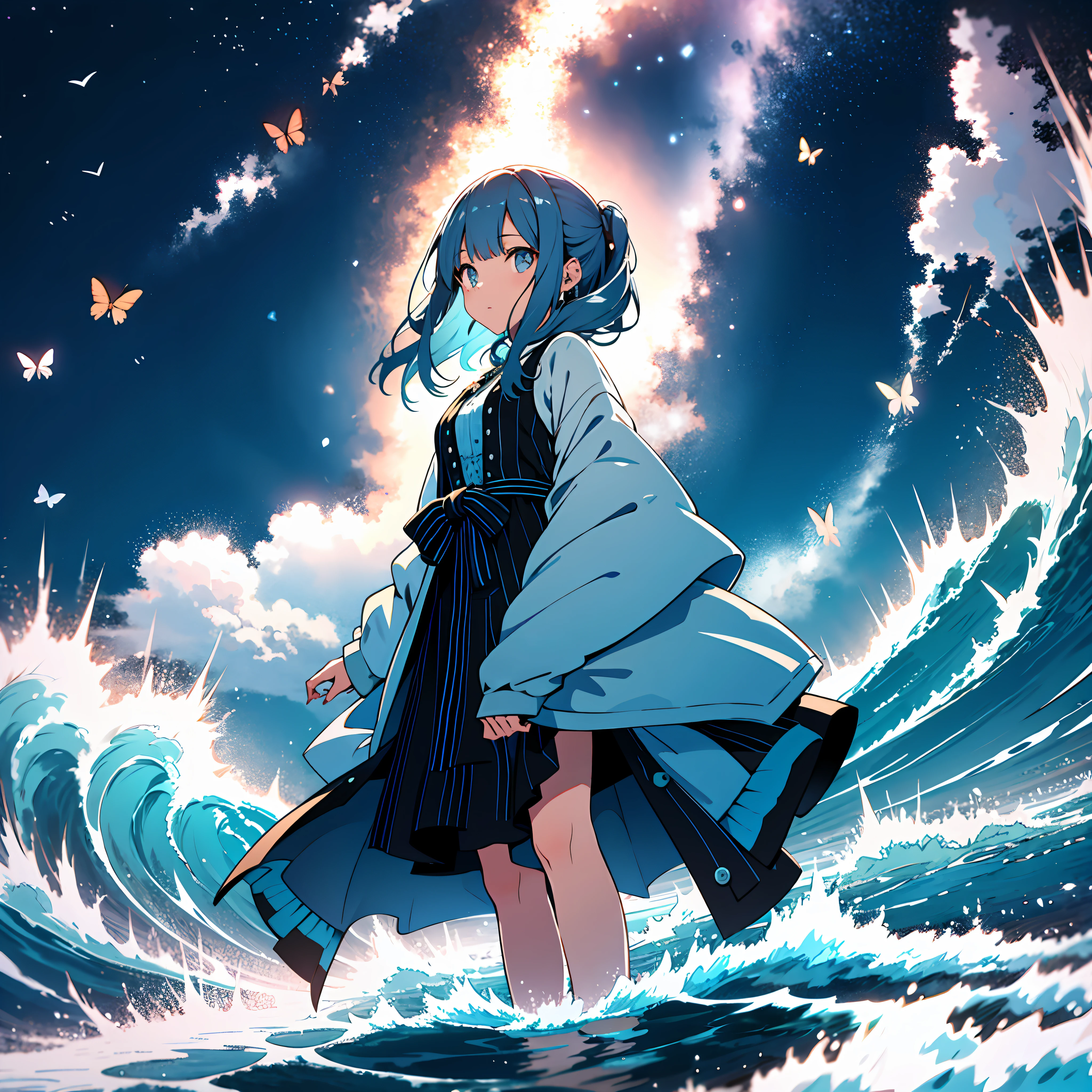 [(white background:1.5),::5] (isometric:1.0), 1girl, mid shot, full body, ocean, sea waves, water splashes, sky, light particles, butterflies, night, starry sky