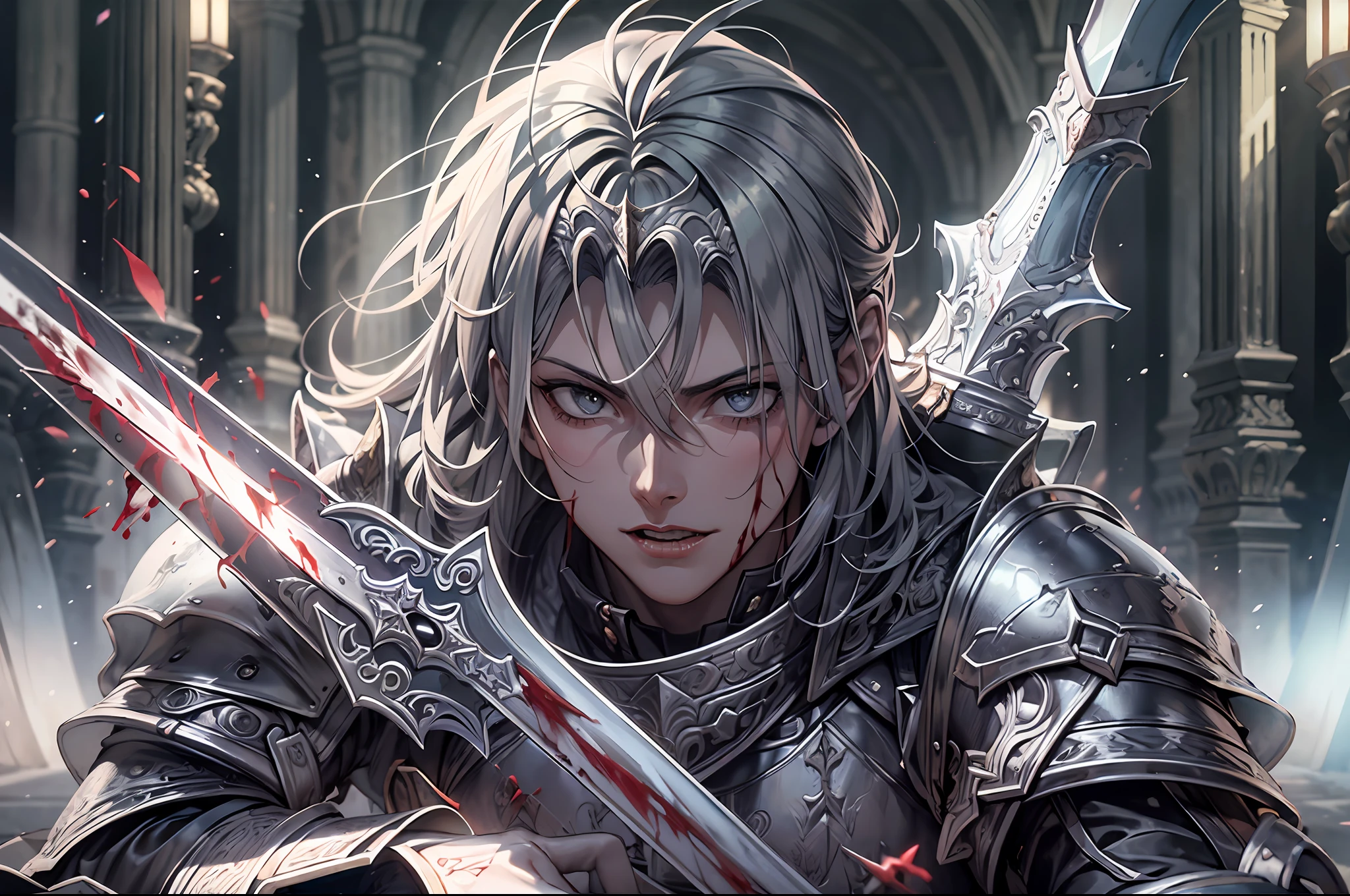 (a teenager male knight in cracked sliver armor), handsome, ((he raise a sword stained with blood)), a giant gate of castle behind him, light from the sky, lots of swords point at the knight, silver hair, black hair, gradient hair, chiaroscuro, cinematic lighting, god rays, ray tracing, reflection light, ((close-up)), masterpiece, best quality, high quality, high details, highest, accurate, anatomically correct, textured skin, UHD, 1080P