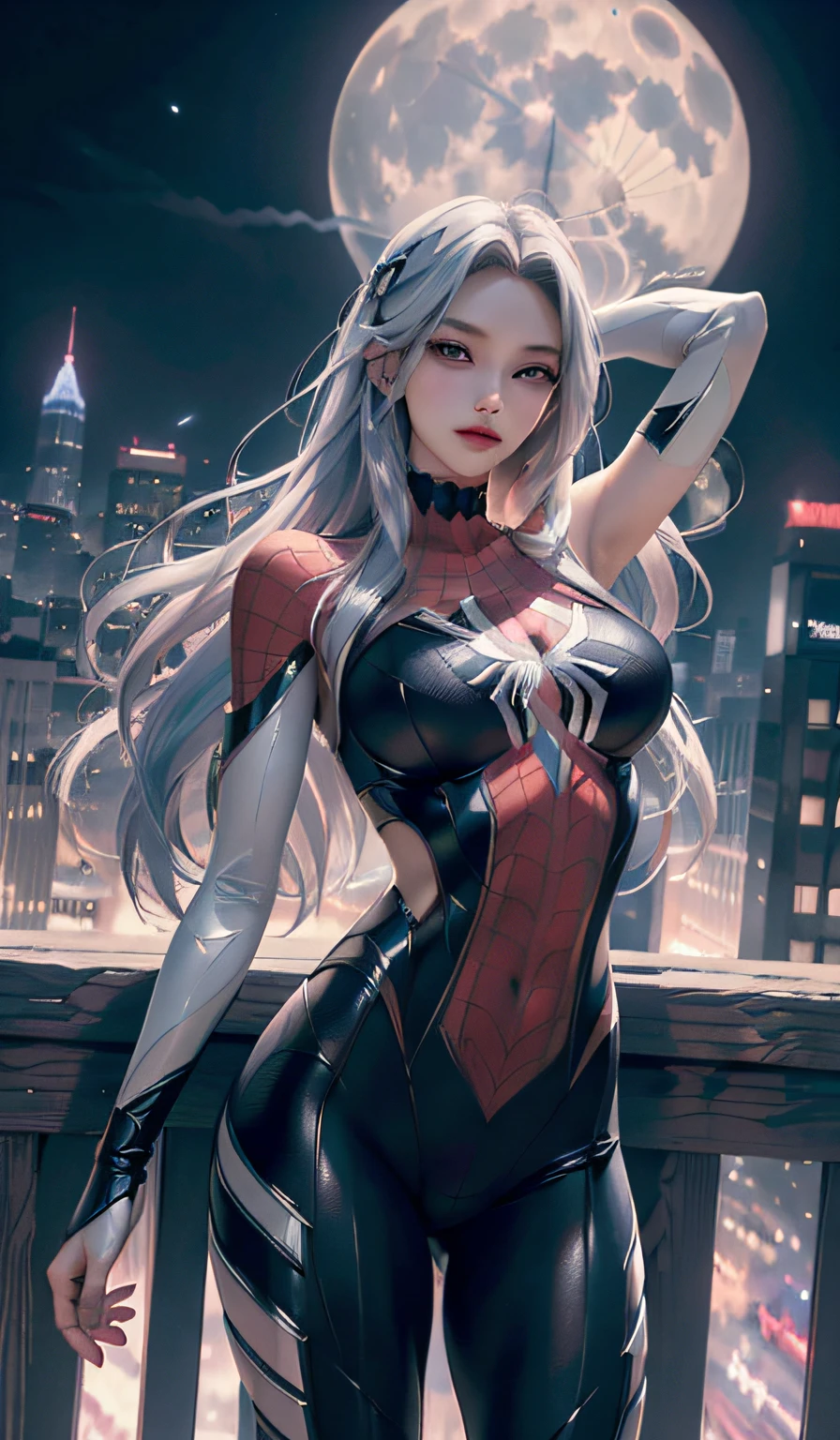 （tmasterpiece，4K分辨率，Ultra photo realsisim，The is very detailed），（White superhero theme，Glamorous，there's a girl on top of town，wearing Spider-Man costume，she is a superhero），[（（18yr old），（Long gray hair：1.2），full bodyesbian，（eBlue eyes：1.2），（（Spider-Man pose），（（sandy urban environment）：0.8）dynamicposes，（view over city，the night，dynamic lights），（moon full））] # illustrated：The Prompt mainly describes a 4K painting of ultra-high definition，Very realistic，The is very detailed。It showcases superheroines at the top of the city，wearing Spider-Man costume。The subject in the painting is a white superhero theme，The heroine has long white hair，The entire figure is shown in the painting，head to toe，In terms of depicting the actions of superheroines，five finger，Fine hands