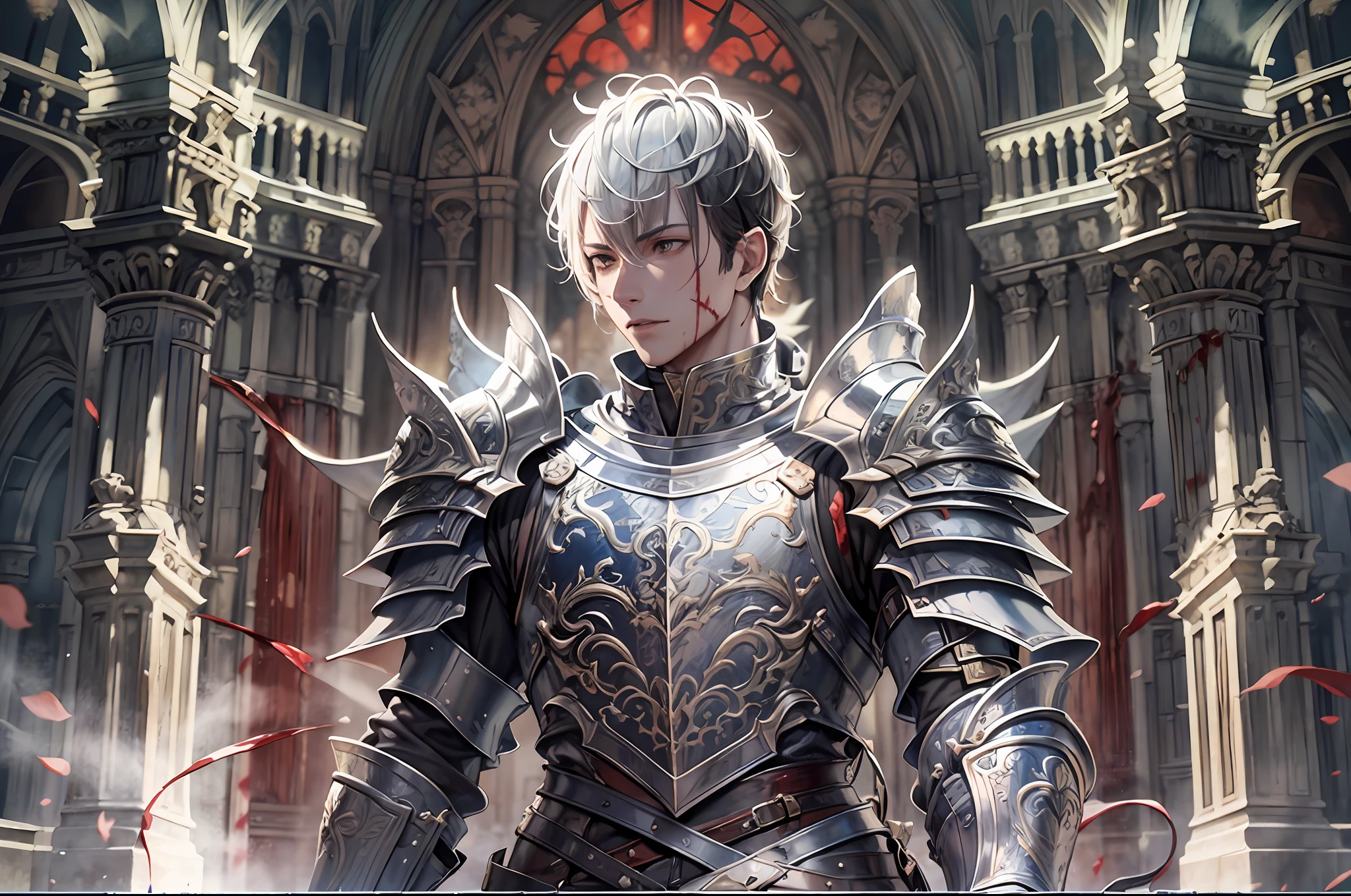 (a ager male knight in cracked sliver armor), handsome, ((he raise a sword stained with blood)), a giant gate of castle behind him, light from the sky, lots of swords point at the knight, silver hair, black hair, gradient hair, chiaroscuro, cinematic lighting, god rays, ray tracing, reflection light, ((close-up)), masterpiece, best quality, high quality, high details, highest, accurate, anatomically correct, textured skin, UHD, 1080P