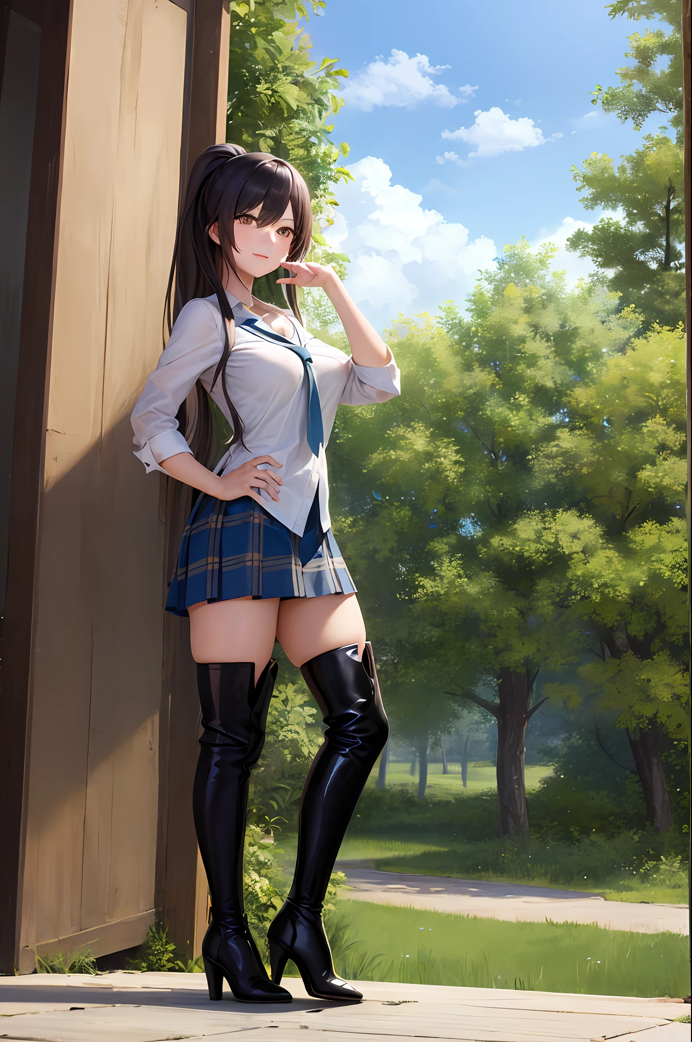 (​masterpiece、top-quality:1.2), cowboy  shot, 独奏, 1girl in, shirase sakuya, A smile, Look at viewers, High Ponytail, student clothes, shirt with collar, neck tie, skirt by the、black leather thigh boots、high-heels、tall、leggy、thighs thighs thighs thighs、fullbody image、tall、Absolute area、