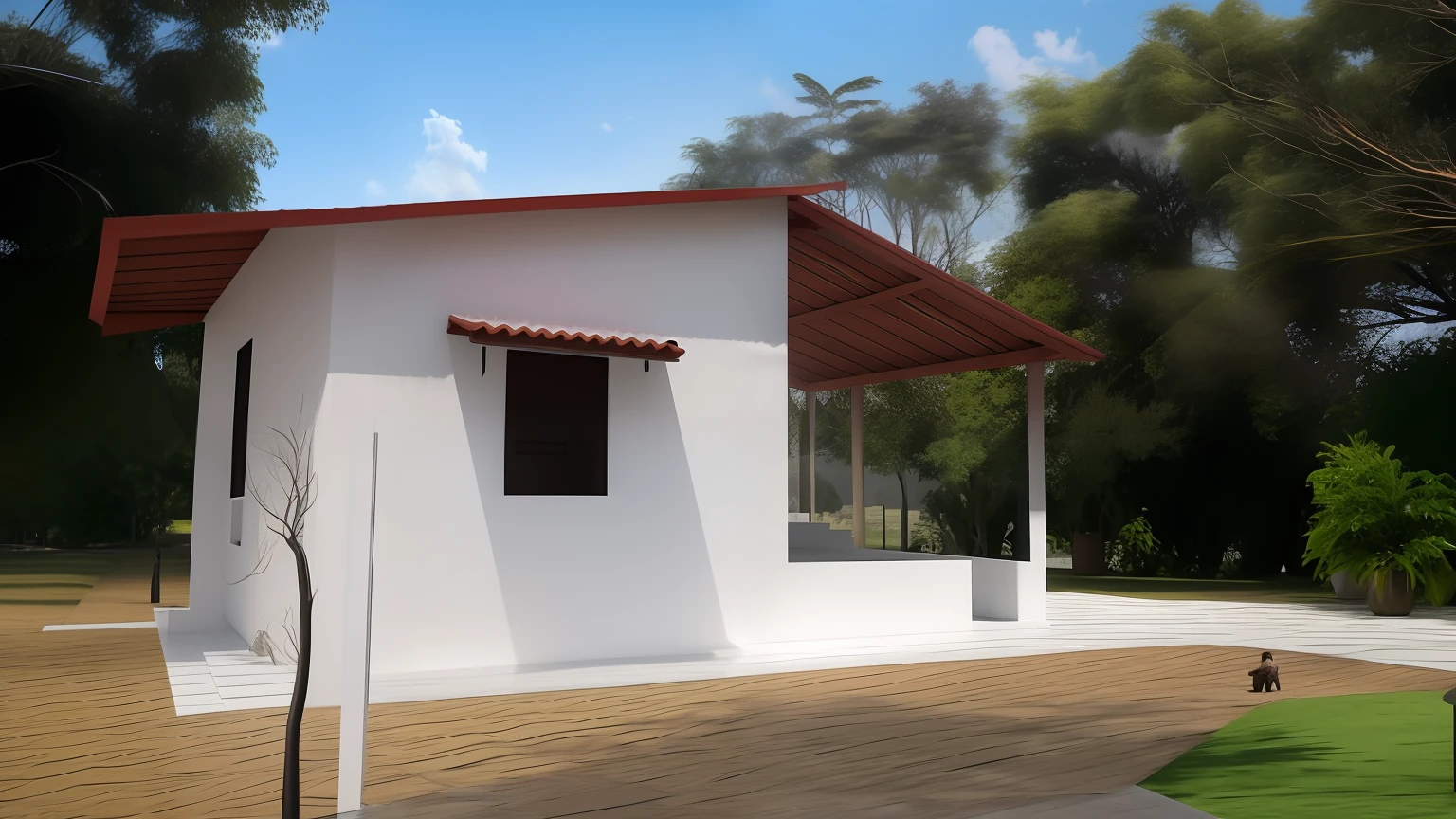 There is a small white building with a red roof and a wooden roof, Vista frontal, Frente, vista externa, vista frontal, vista exterior, vista lateral frontal, imagem central, Front view, imagem frontal, Lumion Pro rendering, Directed by: Willian Murai, casa completa, visto de fora, vista de lado, Frontal, Directed by: CeFerí Olivé, Vista frontal