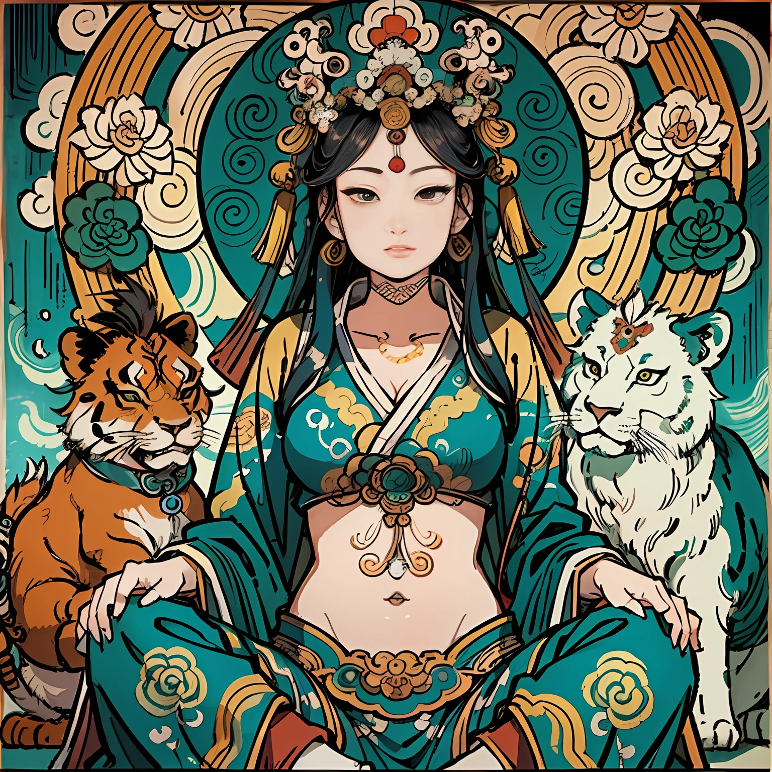an ancient Chinese goddess, guanyin of the southern seas, Guanyin, Inspired by India, Avalokiteshvara rides a lion,,Serene expression,shui mo hua,Buddha,Buddhist,Lotus,Chinese painting style,Thangka style