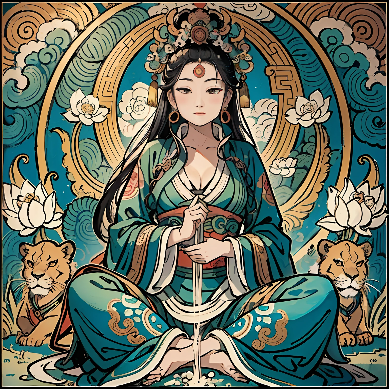 an ancient Chinese goddess, guanyin of the southern seas, Guanyin, Inspired by India, Avalokiteshvara rides a lion，,Serene expression,shui mo hua,Buddha,Buddhist,Lotus,Chinese painting style,Thangka style