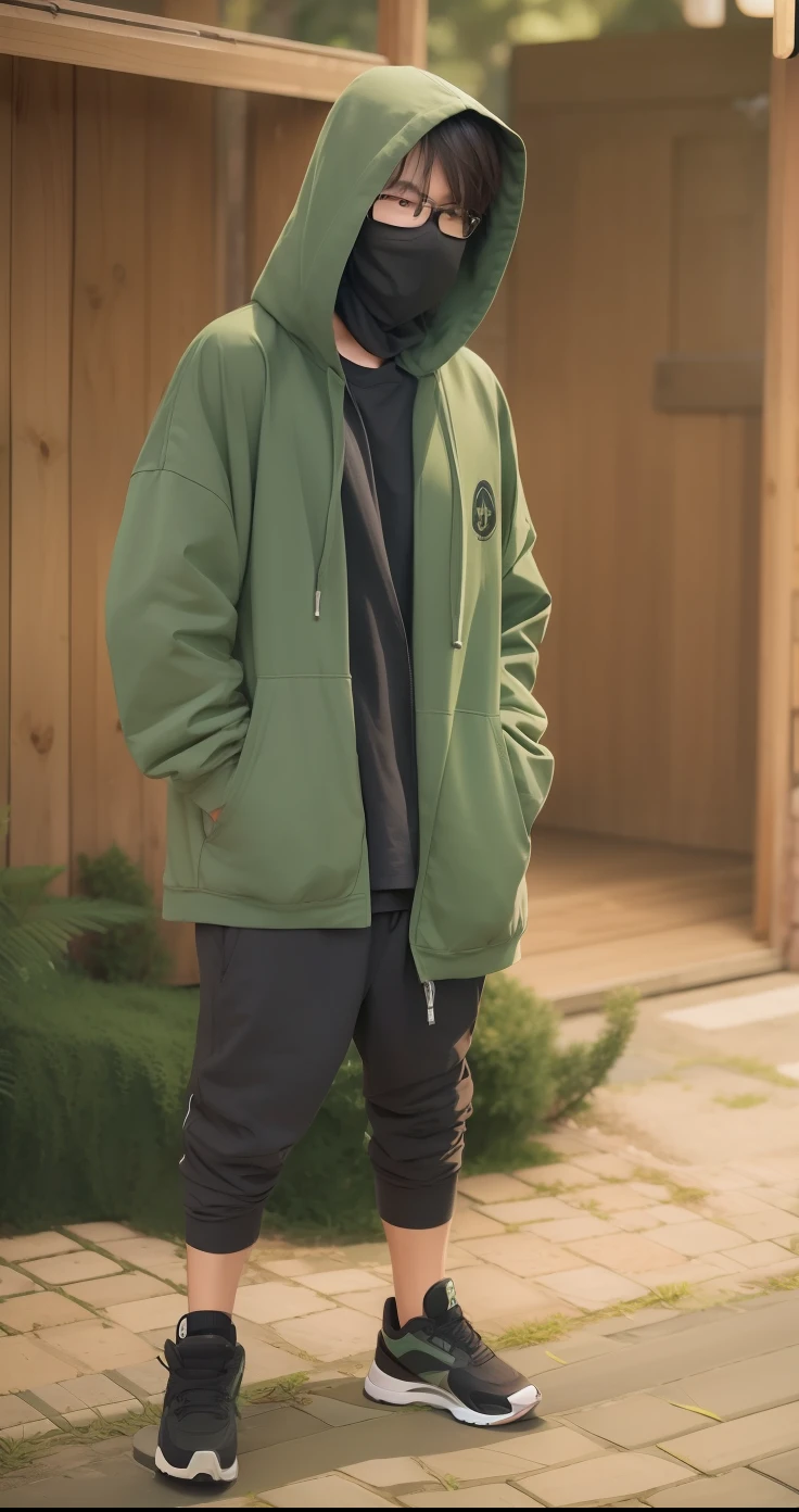 1boy,shino,man with a mask,Men with glasses dark, green hoodie, realistic, ultra detail
