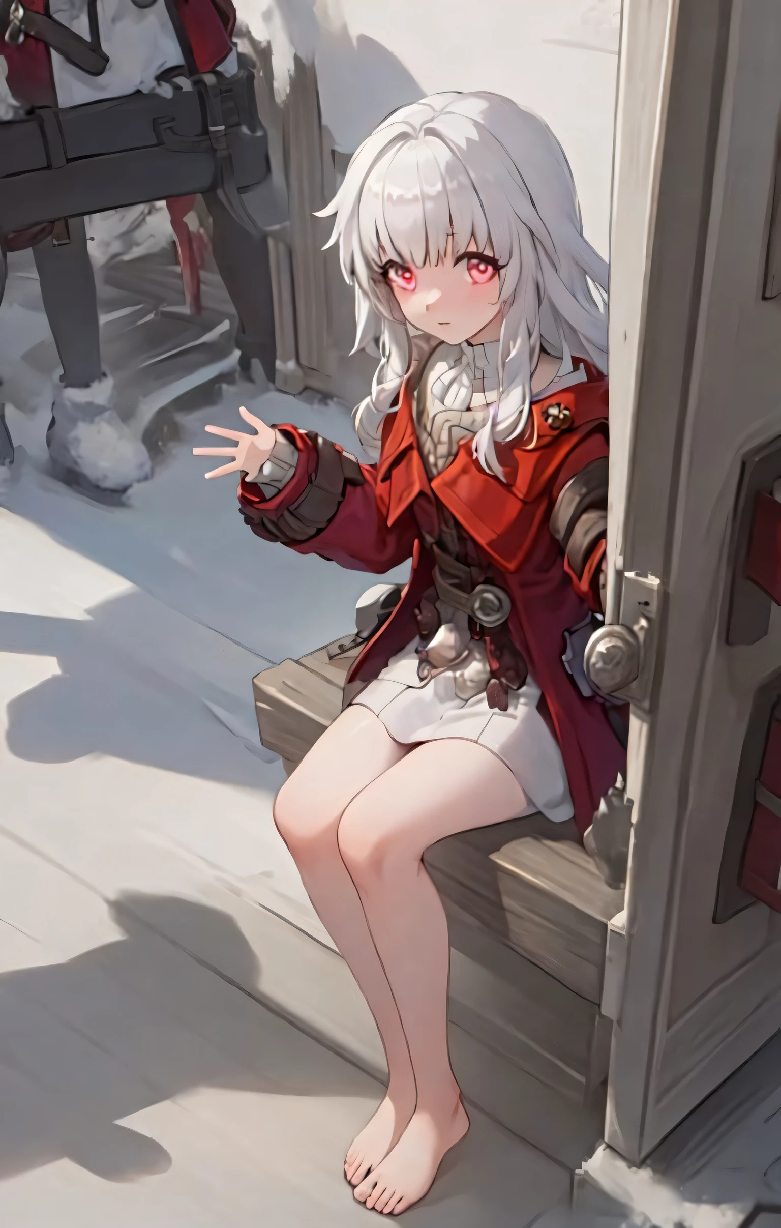 (best quality:1.3),(masterpiece:1.3),(illustration:1.3),(ultra-detailed:1.3),(imid shot:0.9),

1girl, solo, red jacket, sleeves past wrists, long hair,  barefoot, long sleeves, simple background, full body, coat, grey hair, looking at viewer, 
very young, upper body ,short neck, small breasts,

from side,from below,close-up, 

pink eyes, jewel-like eyes,

snowflakes, snow, forest, wooden floor, sunlight, morning,  log cabin