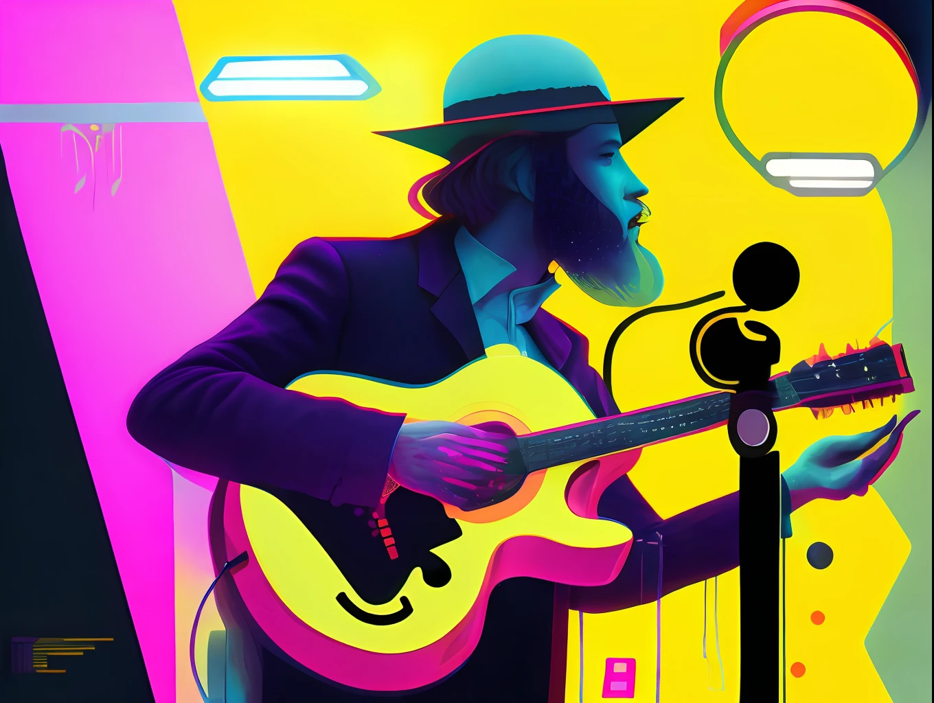 An illustration of the musicians, notas musicais, cores neon por Kilian Eng