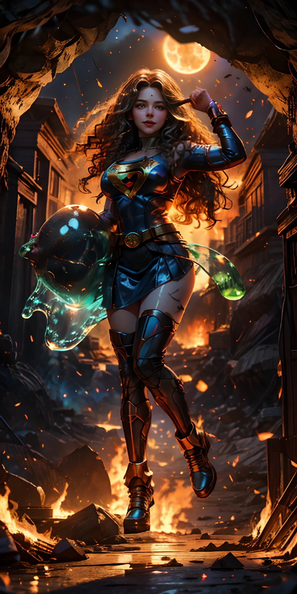 female (no ethnicity with long curly hair, brightly detailed face, perfect eyes, detailed eyes, sultry smile, ((light eyes))), dressed as Supergirl in a burning city. The moonlight highlights his muscles and scars in bright lights. The scenery is lush and mysterious, with the city and surroundings destroyed. charming look, (best quality, 8k, masterpiece: 1.3), (full body), real, (muscle: 1.5), high-resolution face, beautiful ,no ethnicity, (Kpop idol), (in a cave), ground, transparent ,transparent,glowing skin,shiny hair,(scenery slime:1.4),(fire:1.3),(torn:1.3),(sfw ),(slime: 1.4),(bright moonlight: 1.3), perfect eyes,I Am Fire