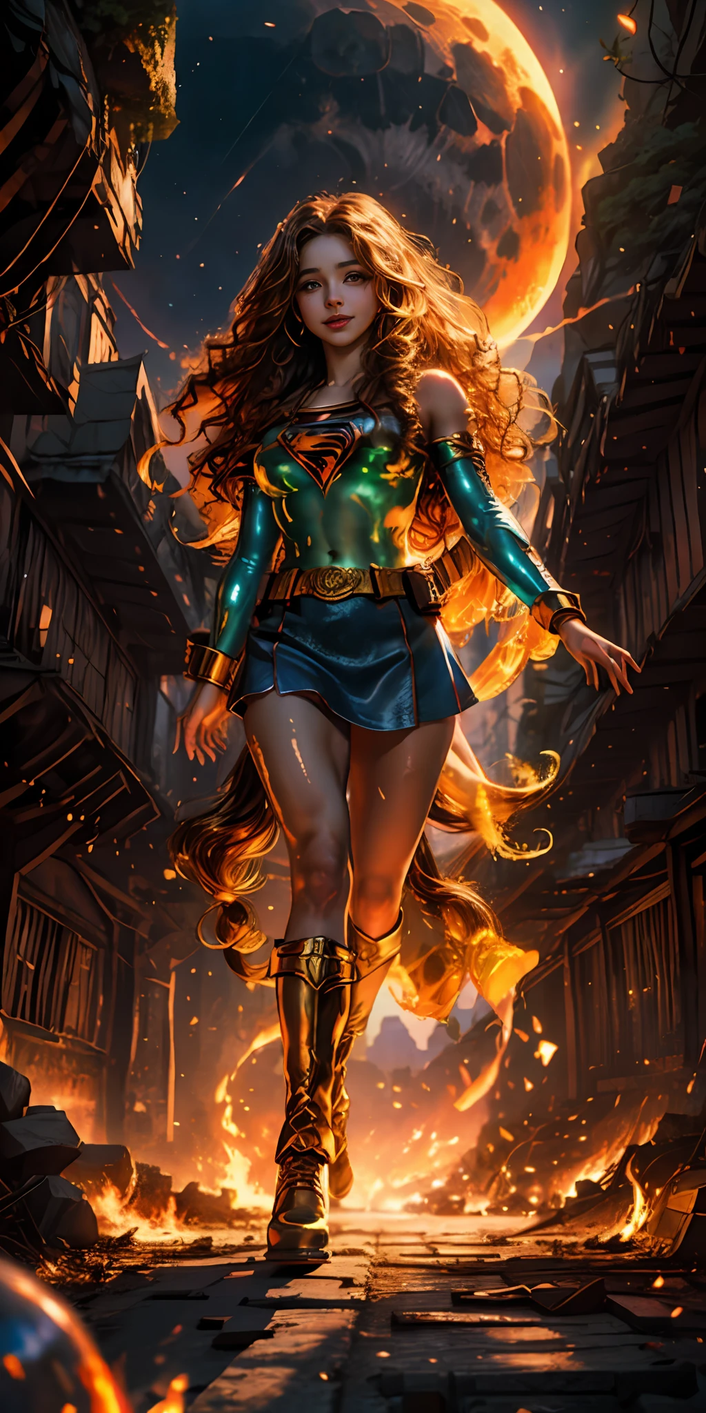 female (no ethnicity with long curly hair, brightly detailed face, perfect eyes, detailed eyes, sultry smile, ((light eyes))), dressed as Supergirl in a burning city. The moonlight highlights his muscles and scars in bright lights. The scenery is lush and mysterious, with the city and surroundings destroyed. charming look, (best quality, 8k, masterpiece: 1.3), (full body), real, (muscle: 1.5), high-resolution face, beautiful ,no ethnicity, (Kpop idol), (in a cave), ground, transparent ,transparent,glowing skin,shiny hair,(scenery slime:1.4),(fire:1.3),(torn:1.3),(sfw ),(slime: 1.4),(bright moonlight: 1.3), perfect eyes,I Am Fire