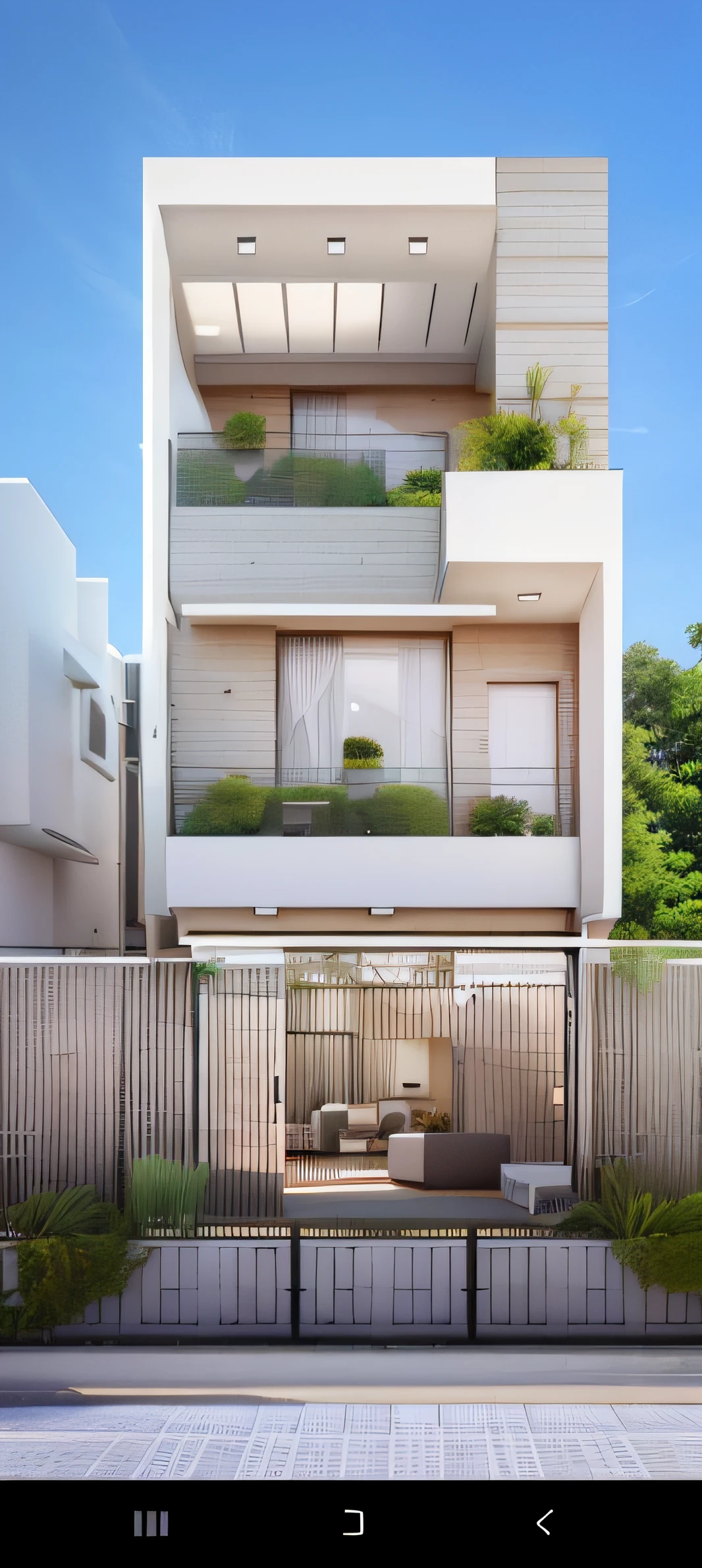 a rendering of a modern house with a balcony and balcony, urban house, residential, concept house, precise architectural rendering, complete house, wide angle exterior 2022, exterior design, 3 d vray render, modern house, frontview, inter dimensional villa, render vray, vray render, architectural 3 d render, front perspective, 3 drender