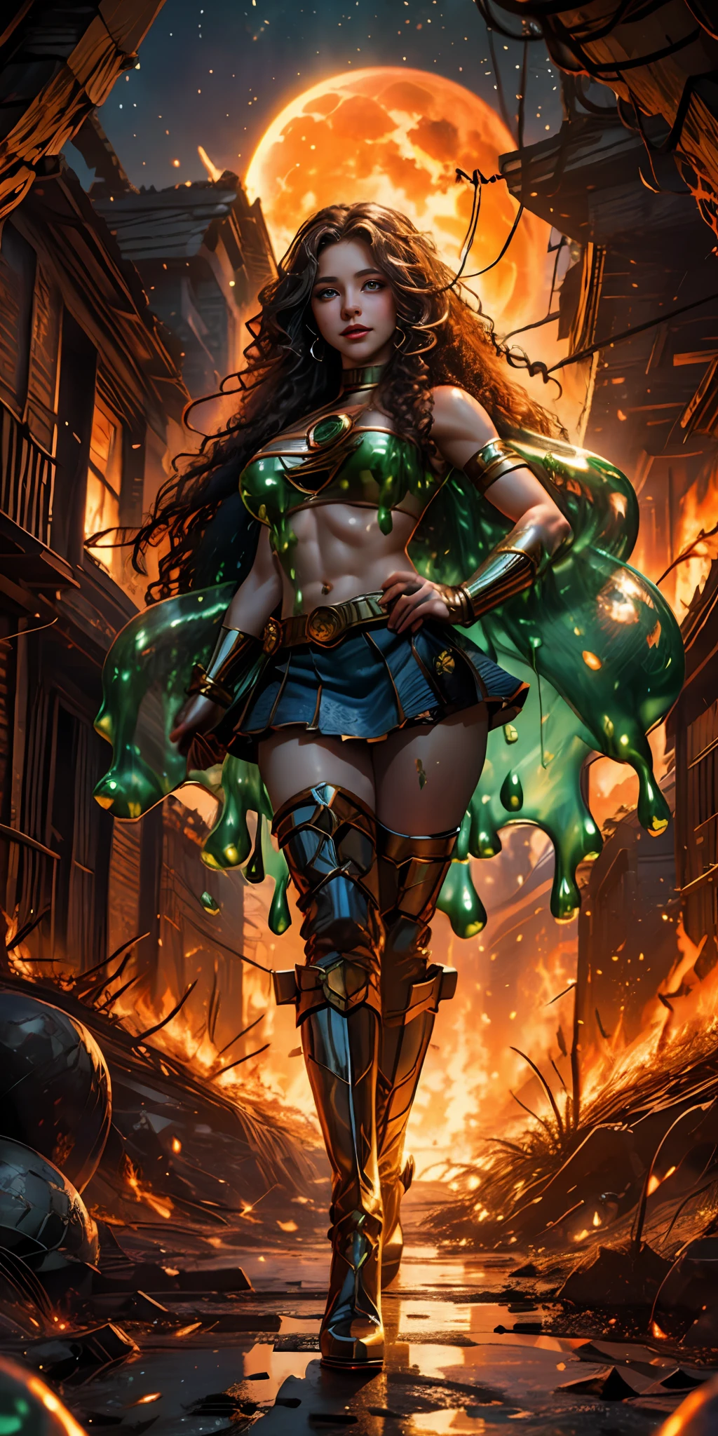 female (no ethnicity with long curly hair, brightly detailed face, perfect eyes, detailed eyes, sultry smile, ((light eyes))), dressed as Supergirl in a burning city. The moonlight highlights his muscles and scars in bright lights. The scenery is lush and mysterious, with the city and surroundings destroyed. charming look, (best quality, 8k, masterpiece: 1.3), (full body), real, (muscle: 1.5), high-resolution face, beautiful ,no ethnicity, (Kpop idol), (in a cave), ground, transparent ,transparent,glowing skin,shiny hair,(scenery slime:1.4),(fire:1.3),(torn:1.3),(sfw ),(slime: 1.4),(bright moonlight: 1.3), perfect eyes,I Am Fire