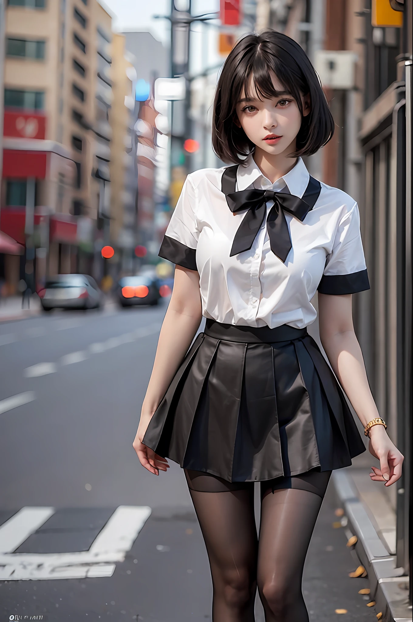 Pretty girl standing, thin legs, high heels on the ground, on the road, (masterpiece:1.3), (8k, photorealistic, RAW photo, best quality: 1.4), (1girl), beautiful face, (realistic face), (black hair, short hair:1.3), beautiful hairstyle, realistic eyes, Beautiful detail eyes, realistic skin, beautiful skin, super high resolution, super realistic, very detailed, golden ratio, cute, cute schoolgirl, wearing jk uniform, surreal high school girl, short skirt, tight skirt, pantyhose, black stockings, full body view, thin arms, long hair, big tits