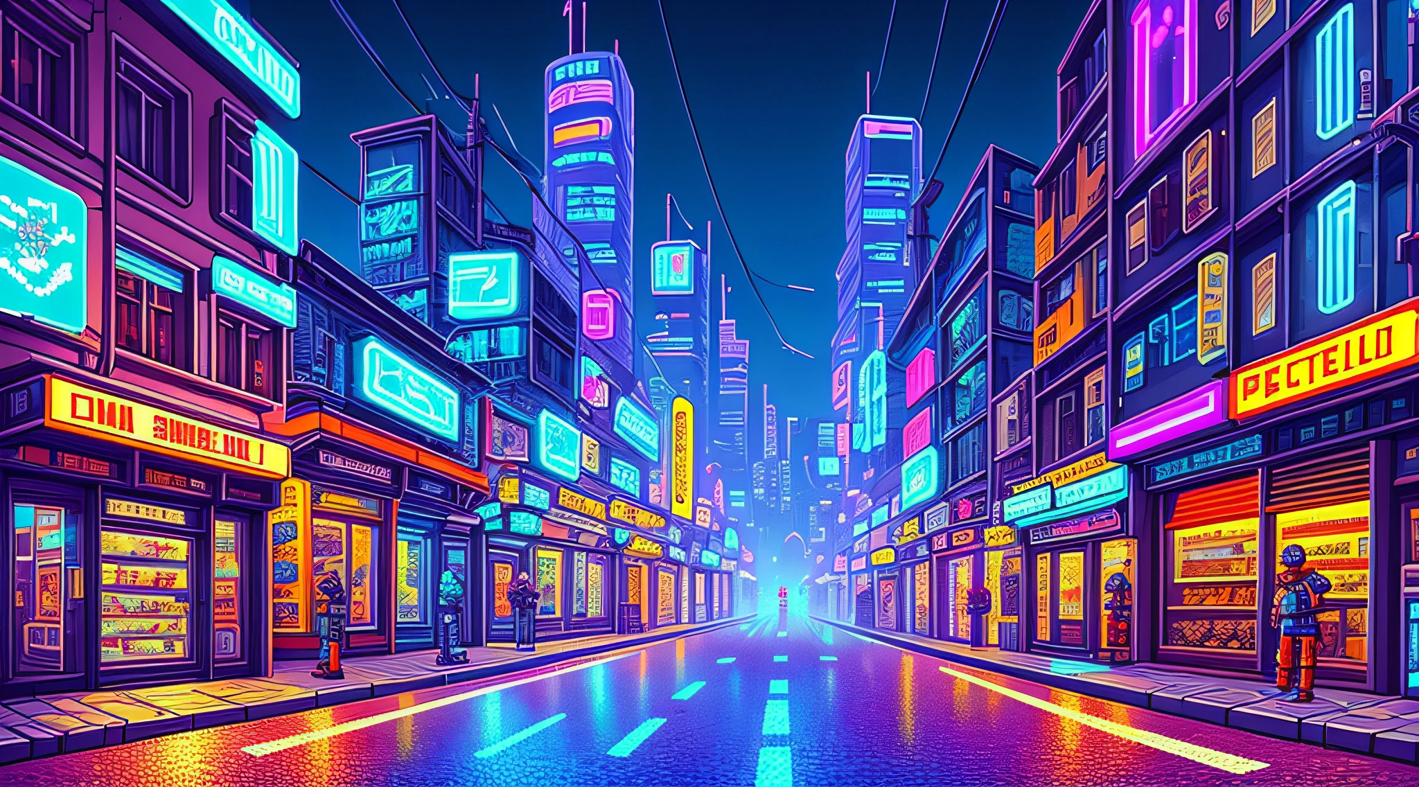 cyberpunk street, 2D, one side view, (pixel art), shops, roads and cars,