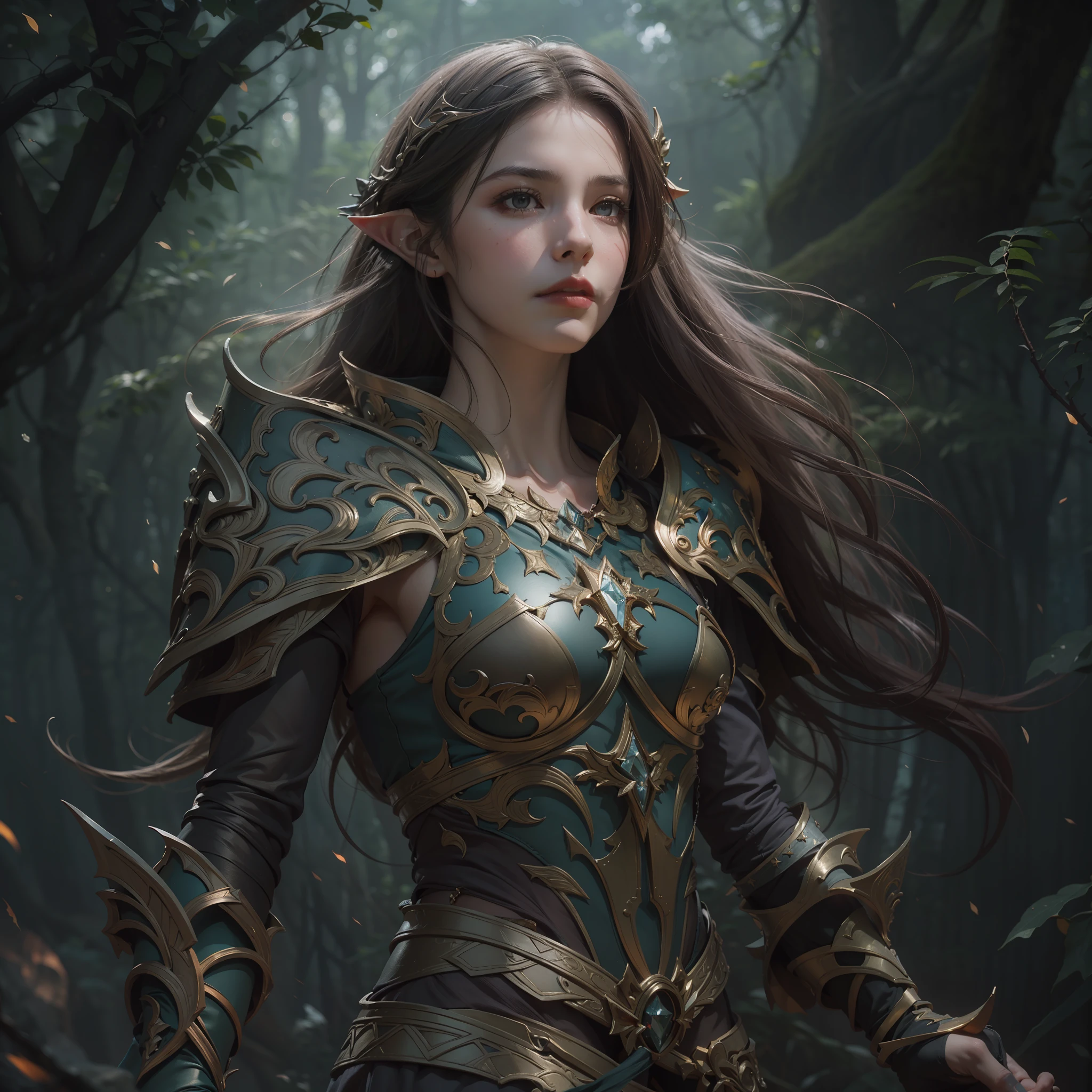 Beautiful close-up portrait painting of perfect female elf warrior, shapeless long hair, perfect features, (wearing ornate elven armor), abstract beauty, near perfection, pure form, dynamic pose, ethereal background, (deep dark shadows), (strong cinematic lighting, concept art by Greg Rutkowski and John William Waterhouse, intricate detail, 8k post-production, High resolution, super Detail, trending on ArtStation, sharp focus, depth of field f/1.8, studio photos.