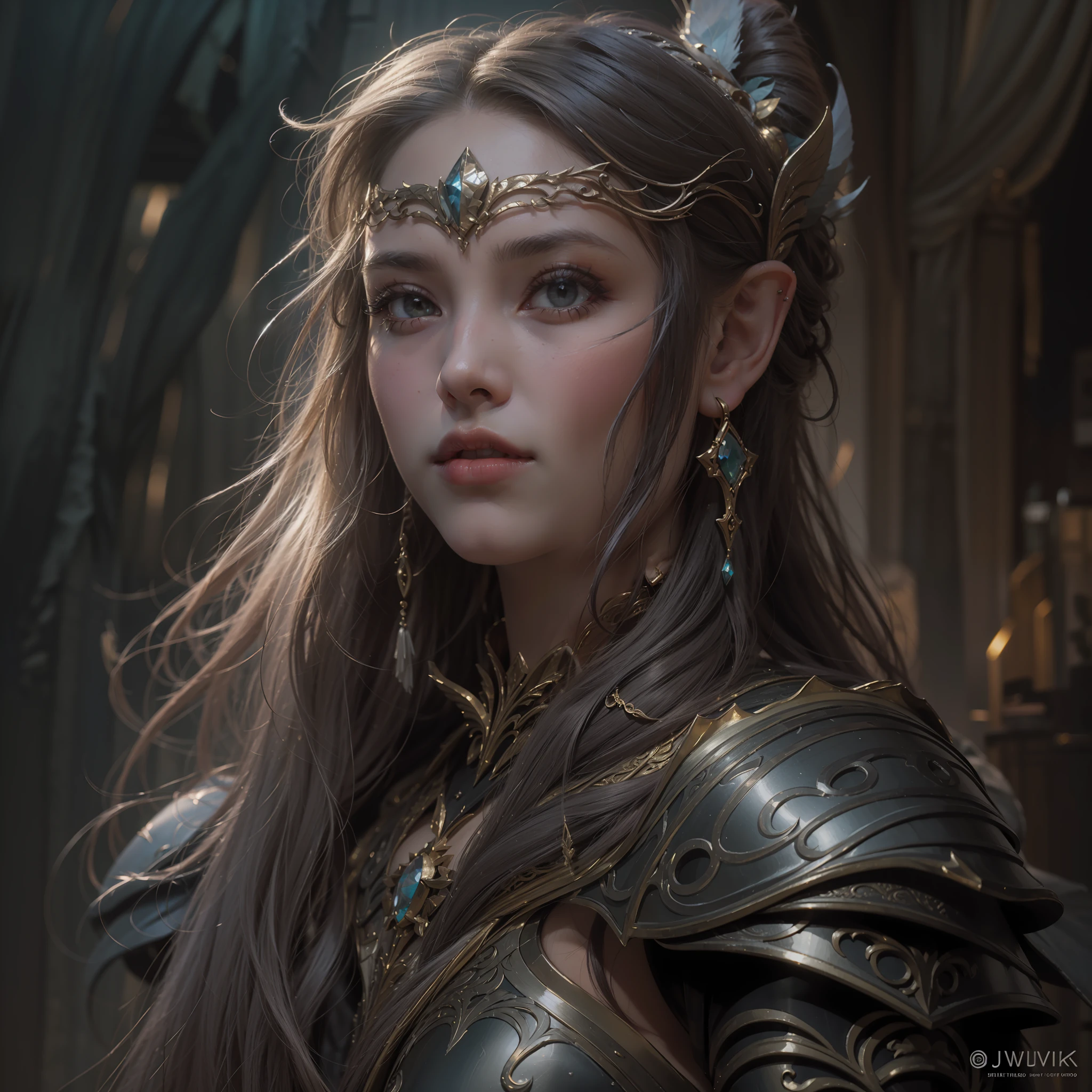 Beautiful close-up portrait painting of perfect female elf warrior, shapeless long hair, perfect features, (wearing ornate elven armor), abstract beauty, near perfection, pure form, dynamic pose, ethereal background, (deep dark shadows), (strong cinematic lighting, concept art by Greg Rutkowski and John William Waterhouse, intricate detail, 8k post-production, High resolution, super Detail, trending on ArtStation, sharp focus, depth of field f/1.8, studio photos.