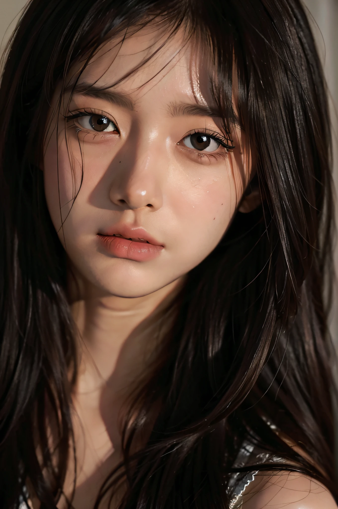 Masterpiece, Best quality, Ultra-detailed, illustration, Close-up, straight on, Face focus, 1girll, Black hair, Brown eyes, Long hair, Halo,, sad expressions,weeping