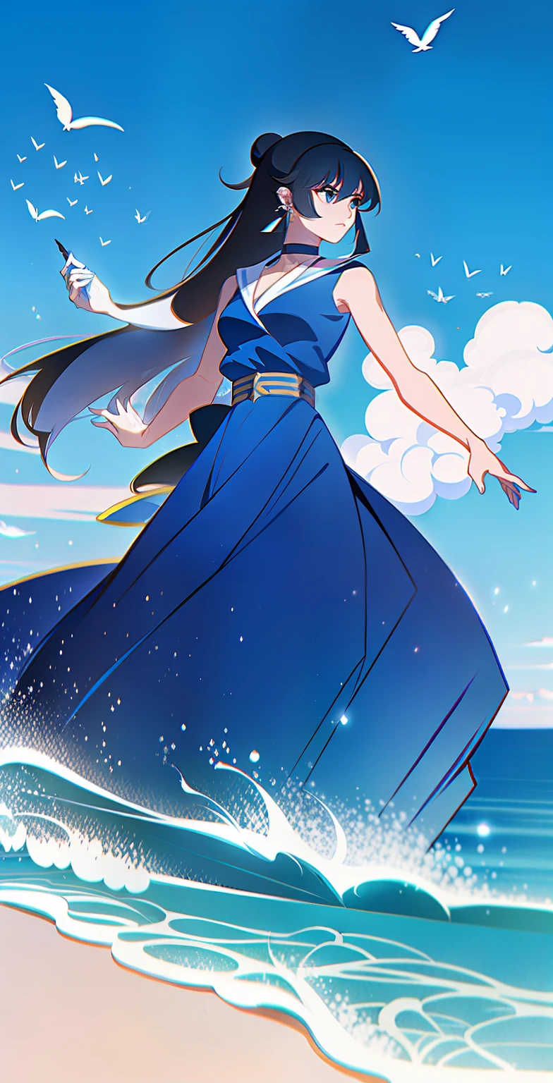 Arad woman in blue dress and purple dress holding a bird, a beautiful fantasy empress, full-body xianxia, by Yang J, Inspired by Lan Ying, inspired by Ju Lian, ((a beautiful fantasy empress)), Inspired by Qiu Ying, G Liulian art style, Beautiful character painting, queen of the sea mu yanling