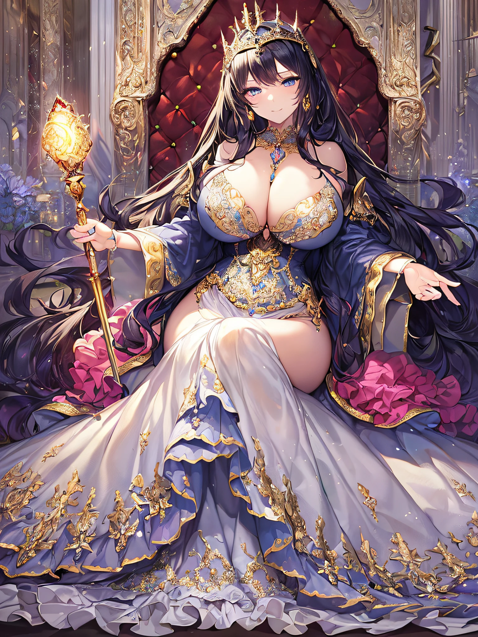 ((anime artstyle)),(Masterpiece),(Best Quality), (Super Detail),((Very Delicate and Beautiful)),(((Solo))),((full body)),(((milf))),(((1 queen in beautiful embroidery and jeweled gorgeous rococo ball gown dress with voluminous full length hoop skirt))),sitting on the throne,(bling-bling),Long train,(((sitting on the gorgeous throne in the throne room,holding a scepter in one hand))),(bling-bling gorgeous gemstone jewelry),detailed face and eyes,jewel-like eyes,seductive smile,((large amount of straight hair,extremely voluminous Very Long Hair,Very Long Straight Hair)),(((gigantic tits,Long tits))),cleavage,(gorgeousfull embroidery and lace),gorgeous corsage,See-through,extremely gorgeousfull hair ornament,(bling-bling extremely gorgeousfull jeweled tiara),ornate ruffles,(hoop skirt,crinoline),((Dynamic Angle)),Looking at viewer,((full body)),((beautiful embroidery and jeweled extremely gorgeous rococo ball gown dress with voluminous full length hoop skirt))