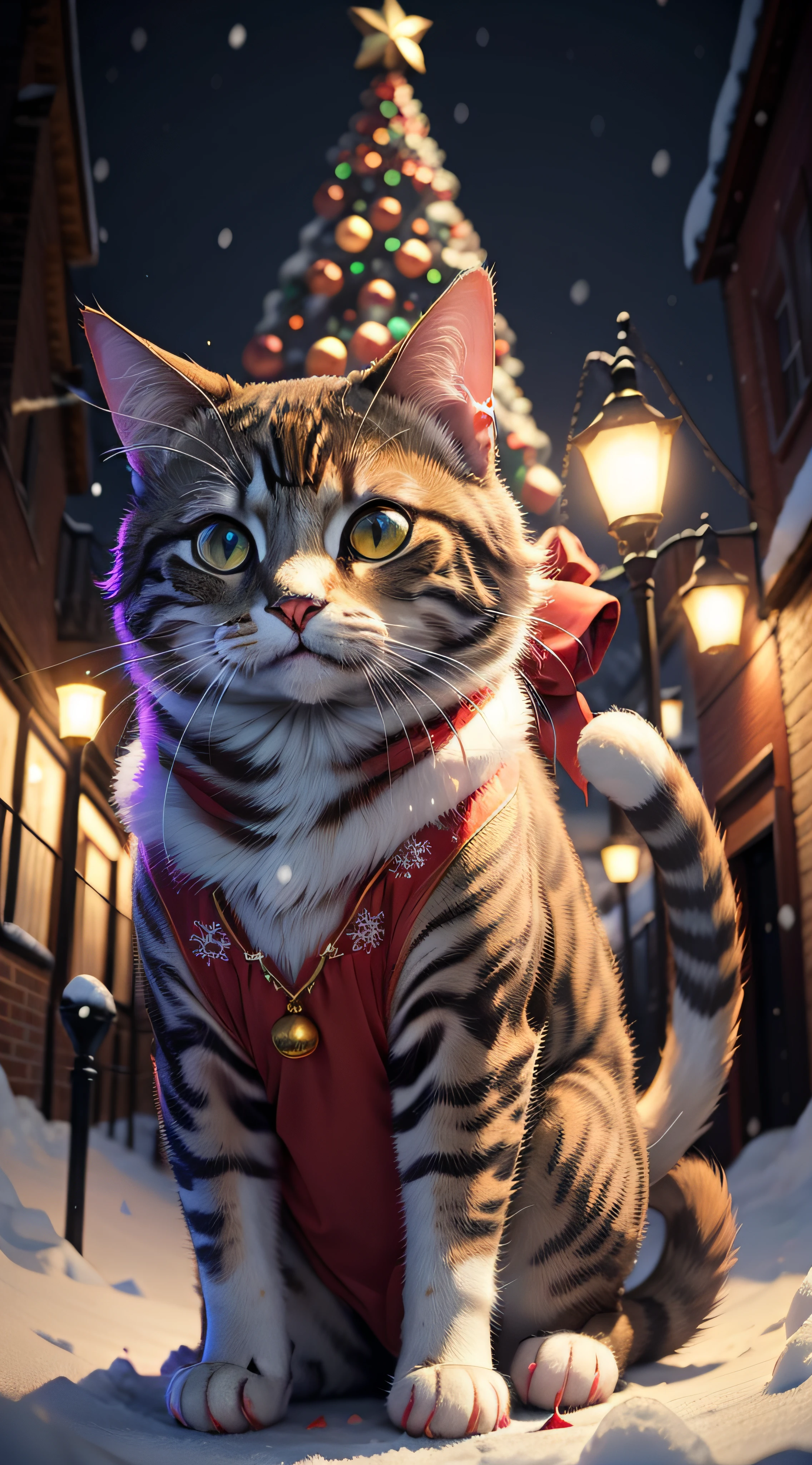cat, psychedelic, strong colors, red light, crazy design, christmas theme,, christmas tree, bells, snow background, snowing