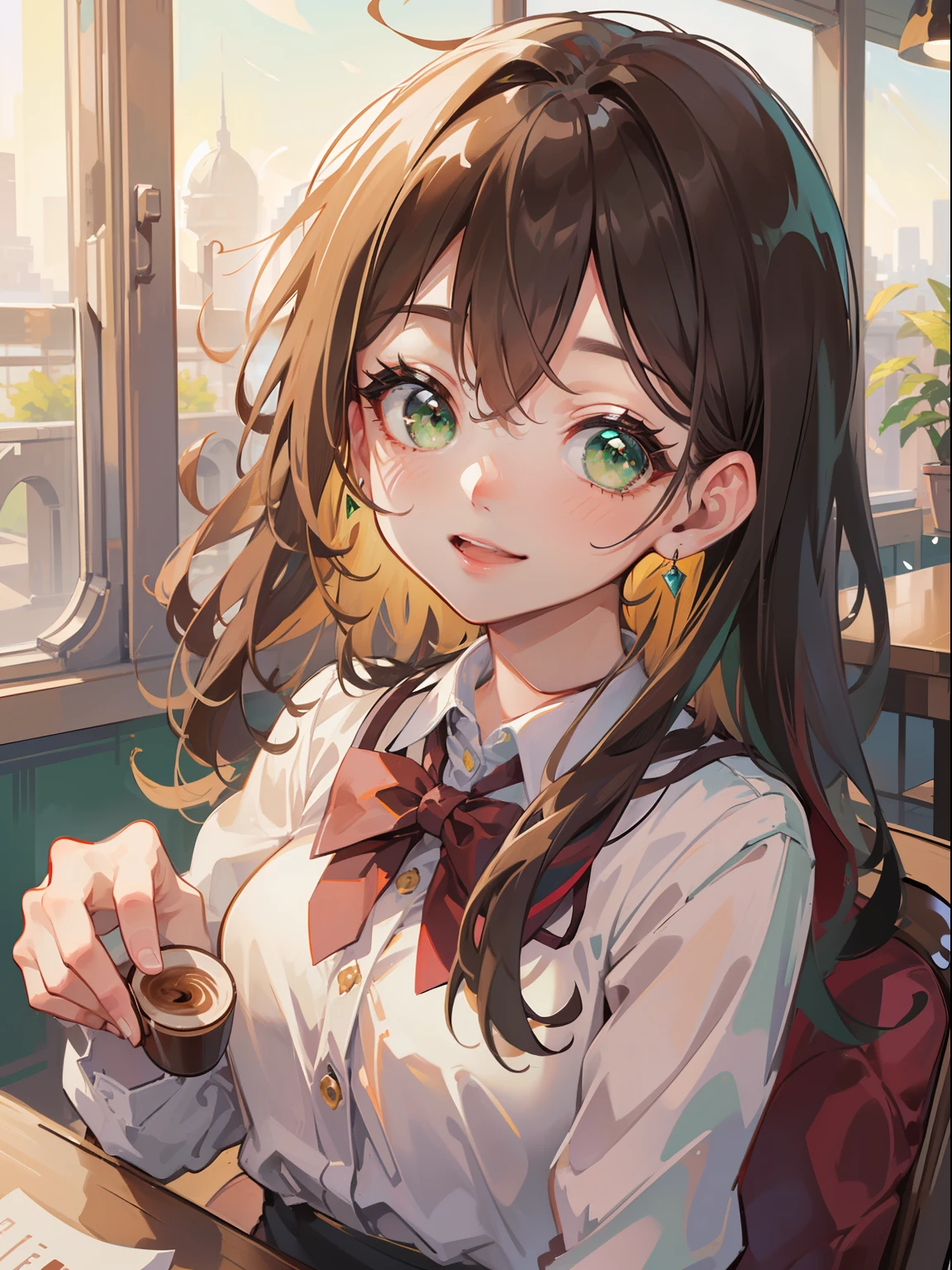 (masterpiece), best quality, beautiful detailed hair detailed face, ultra high res, sharp focus, ((1 woman, solo)), perfect feminine face, upper body, medium long shot, MLS, in cafe, holding coffee, ((beautiful shape eyes, green eyes)), chesnut brown hair, long hair, smiles