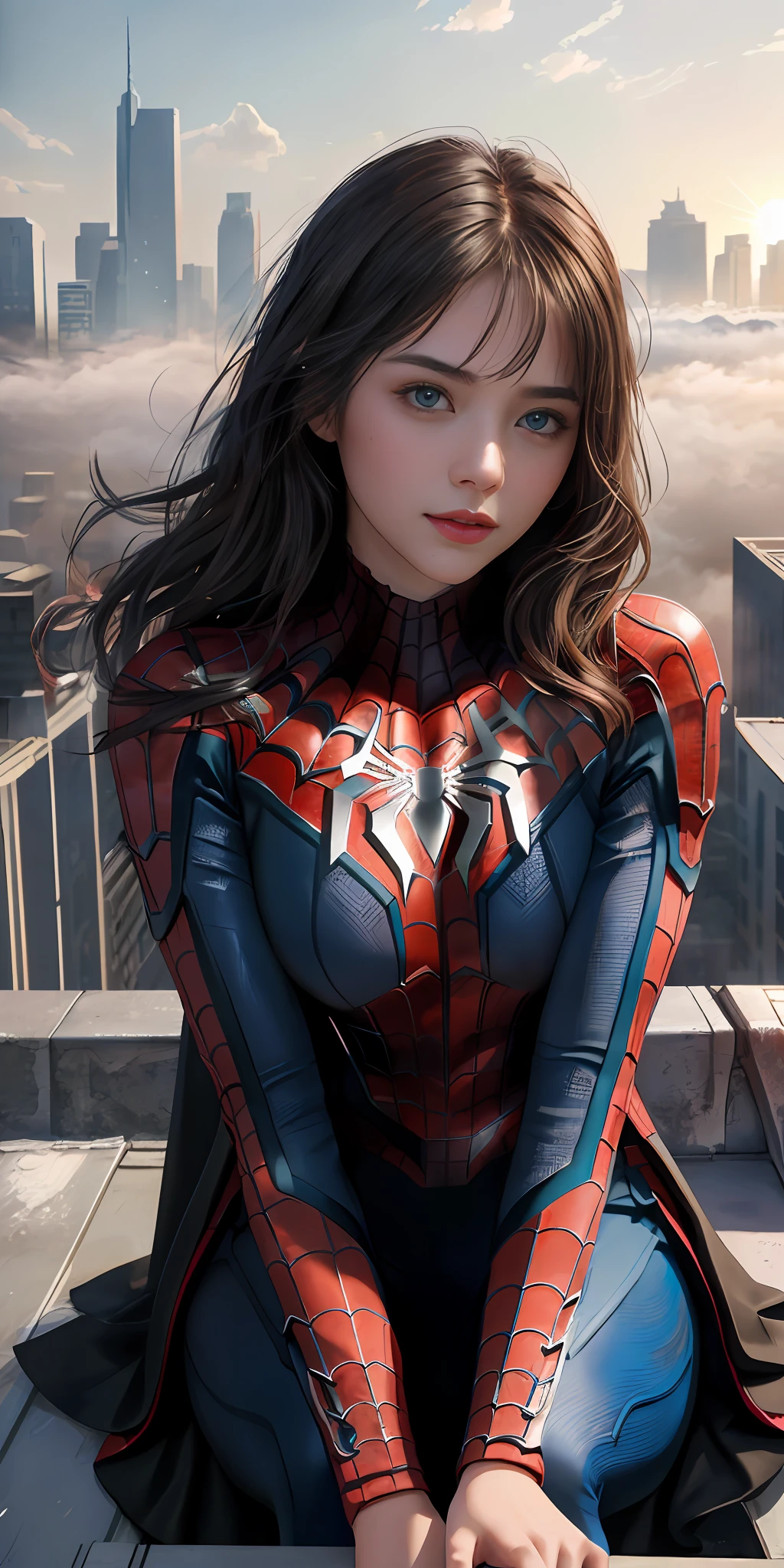 (1girl:1.3), Solo, (((Very detailed face)))), ((Very detailed eyes and face)))), Beautiful detail eyes, Body parts__, Official art, Unified 8k wallpaper, Super detailed, beautiful and beautiful, beautiful, masterpiece, best quality, original, masterpiece, super fine photo, best quality, super high resolution, realistic realism, sunlight, full body portrait, amazing beauty, dynamic pose, delicate face, vibrant eyes, (from the front), She wears Spider-Man suit, red and black color scheme, spider, very detailed city roof background, rooftop, overlooking the city, detailed face, detailed complex busy background, messy, gorgeous, milky white, highly detailed skin, realistic skin details, visible pores, clear focus, volumetric fog, 8k uhd, DSLR, high quality, film grain, fair skin, photo realism, lomography, futuristic dystopian megalopolis, translucent