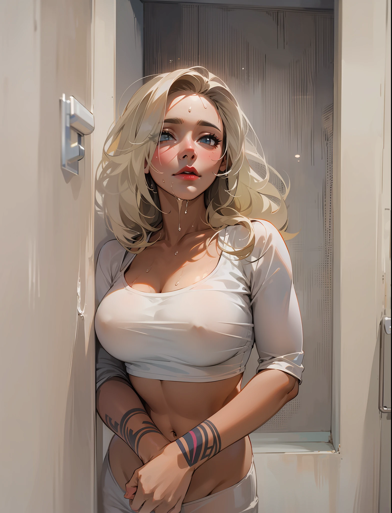 Sexy 30-year-old European woman Model of Hannah Palmer posing in a toilet in the bathroom. Mulher branca com sardas, sardas no rosto, She's half-naked.., quase sem roupa, sem roupa, Your breasts are visible, is without a bra, not wearing a bra, the breasts are large (seios de Angela White), Madeixas grandes e naturais, mamilos duros, Excitado, tight private parts, calcinha molhada e transparente, detalhada, Depilado, muito molhada, olhos lindos e verdes, olhar lascivo e sedutor, half-open lips, thick, red lips, my breasts are wet, lots of water running down your body, barriga natural marcada, piercing na barriga, cabelos longos e bem lisos, cabelos lisos, Corte Loiro, tatto on the arm and neck, Tatto tribal, Casa de banho com luz natural, dust particles in light, great contrast, sombras naturais, Underneath view, olhar de baixo, vista de baixo, close de baixo, filtro mais escuro, imagem bem sombreada, 4k, 8k, Ultra Definition.