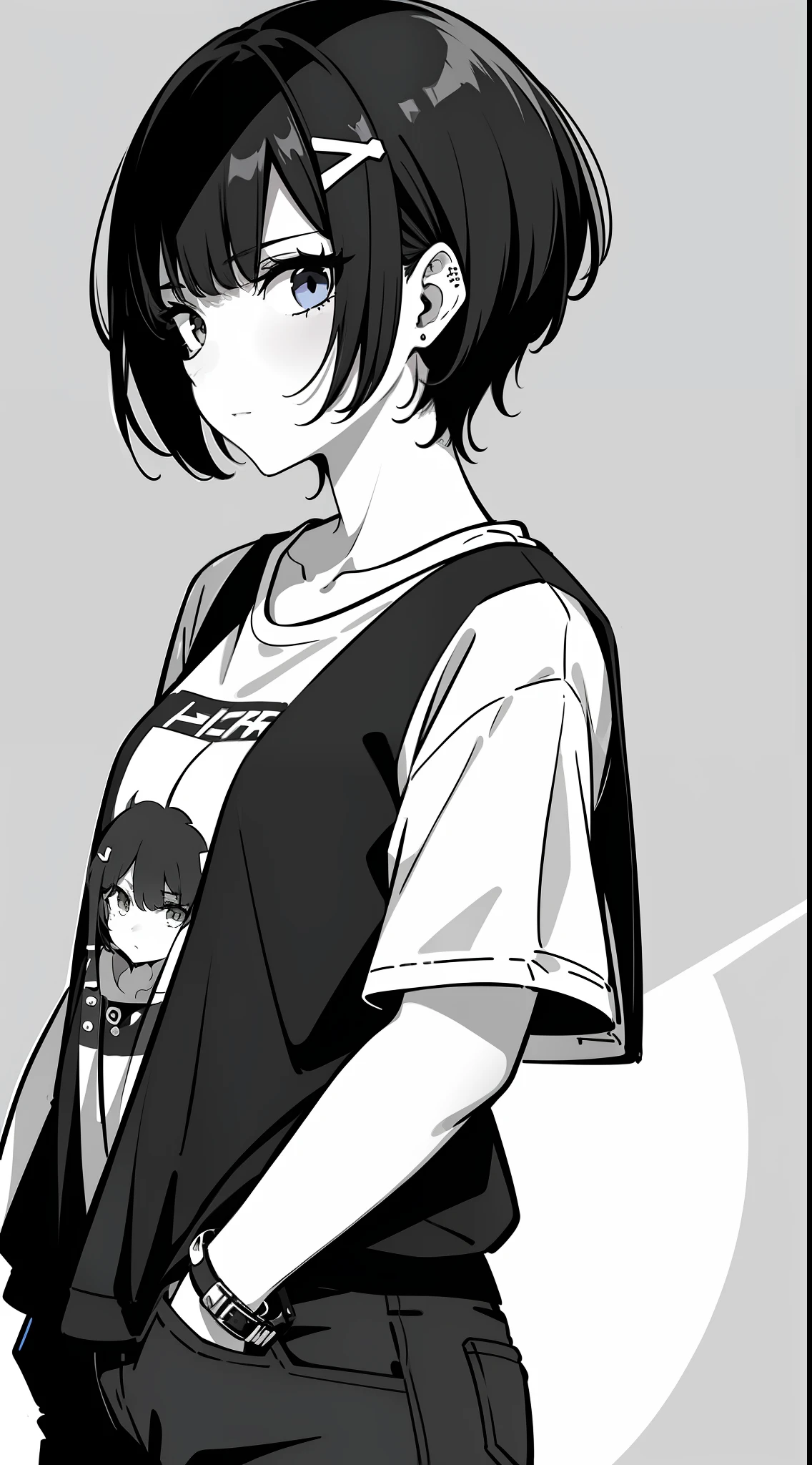 girl, side portrait, black and white, messy short hair, edgy accessories,sporty style, casual t-shirt, confident gaze, monochrome color scheme, looking to the side, chic street fashion, casual hands in pockets pose,head,((a person)),Hairpin