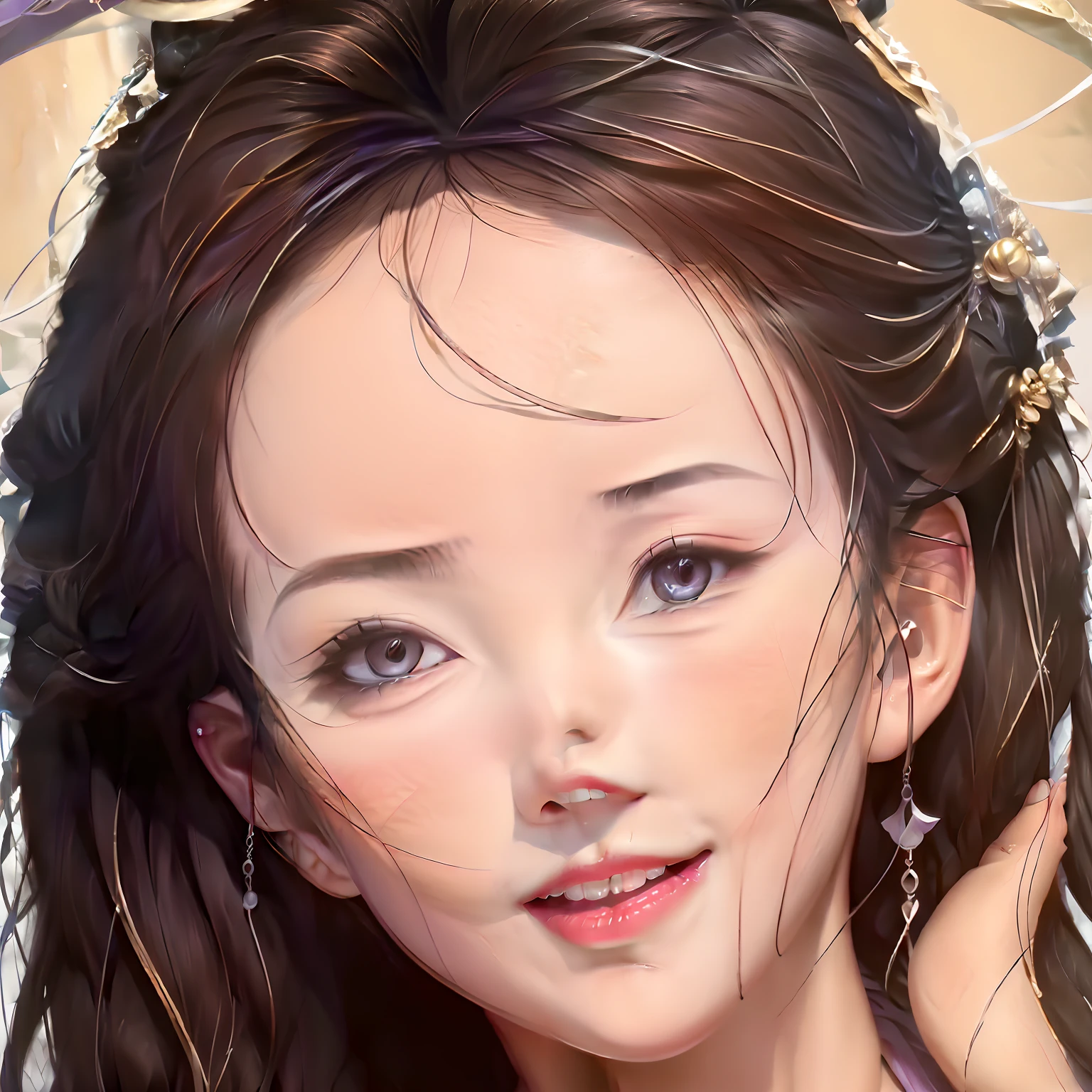 Bust photo,a beautiful female,messy hair,s girl,Symmetrical bun,hair adornments,jewelry,The face is delicate,eye shadows,Purple top,purpleish color,purple,Crop topping,long purple skirt,Dunhuang style,Delicate embroidery,silver decoration,silver streamer,white streamer,Light blue streamer,Fine fine skin,Soft light effects,Delicate and smooth hair,exquisite detailing,eyes highlights,Fair skin,Fine portrayal,Ultimate detail,Cinematic quality,being thin,slenderness,Fragmentation,hair detail,Thin bangs,Shawl hair,Correct bodies,Naked leakage all over the body,shadowing,Air bangs,8K,Super meticulous,Fine fabric texture,softness,complaisant,Smooth texture,Dunhuang style,Delicate pattern,correct hand painting,anatomy correct,acurate,the night,Night,lamplight,Dingdall effect,Ray traching,Head-up display,exteriors,outside,A desert,