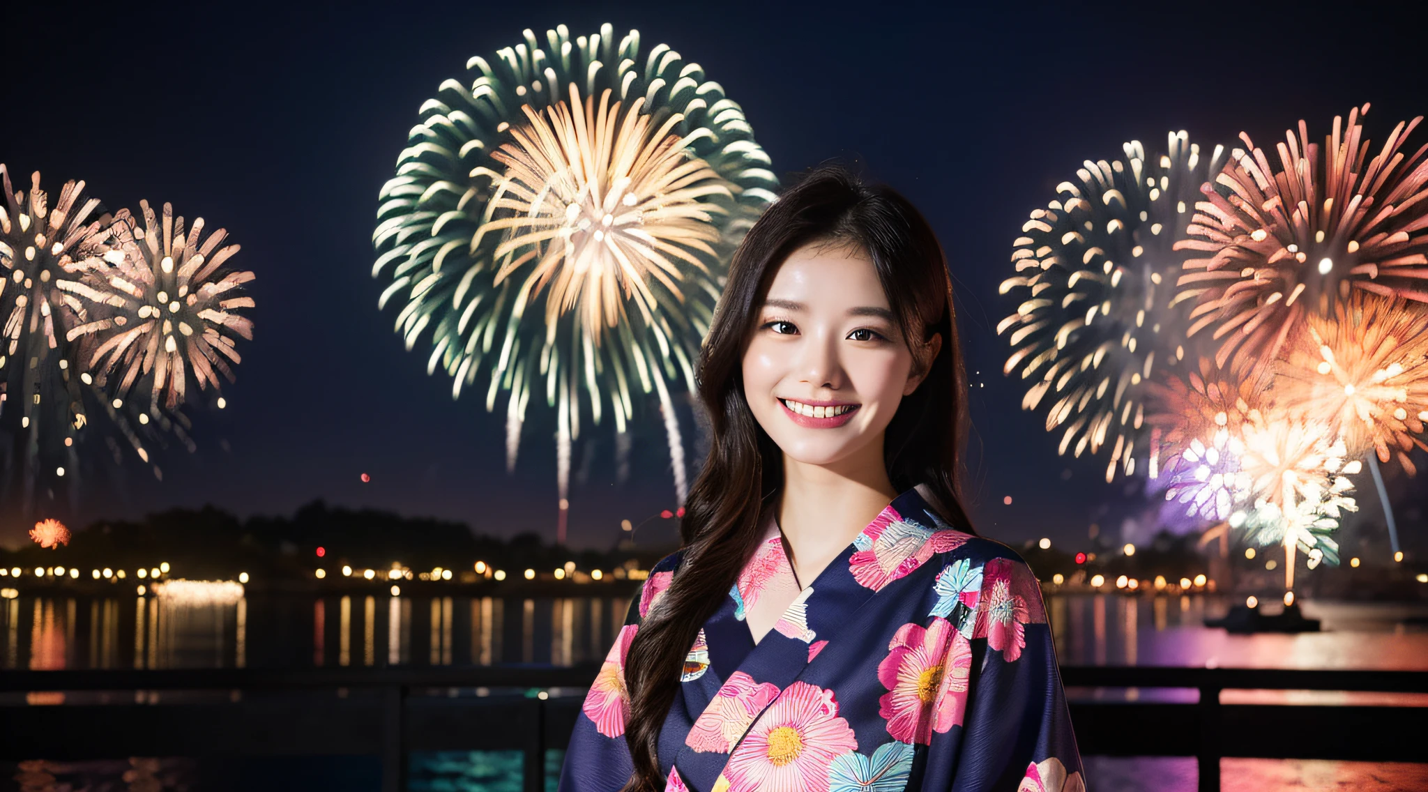 Wide shot of 18-year-old beautiful woman in yukata on the back of mysterious fireworks display: 1.5, Unity 8k Wallpaper: 1.3, High Accuracy: 1.1. In a stylish snapshot, 18 year old beauty smiling, beauty 18 years old: 1.3, wide shot: 1.2, yukata: 1.1, fireworks display: 1.1.