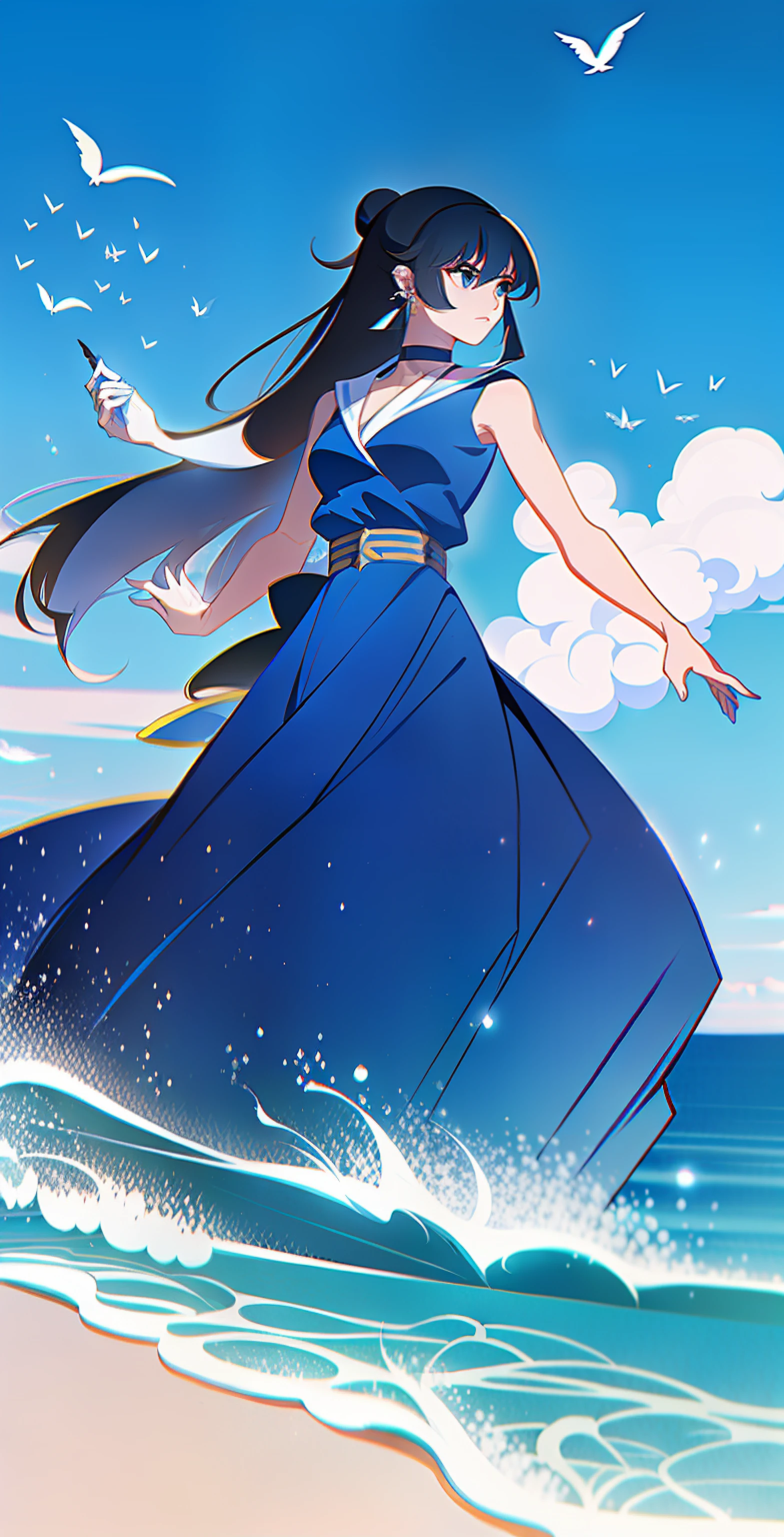 Arad woman in blue dress and purple dress holding a bird, a beautiful fantasy empress, full-body xianxia, by Yang J, Inspired by Lan Ying, inspired by Ju Lian, ((a beautiful fantasy empress)), Inspired by Qiu Ying, G Liulian art style, Beautiful character painting, queen of the sea mu yanling