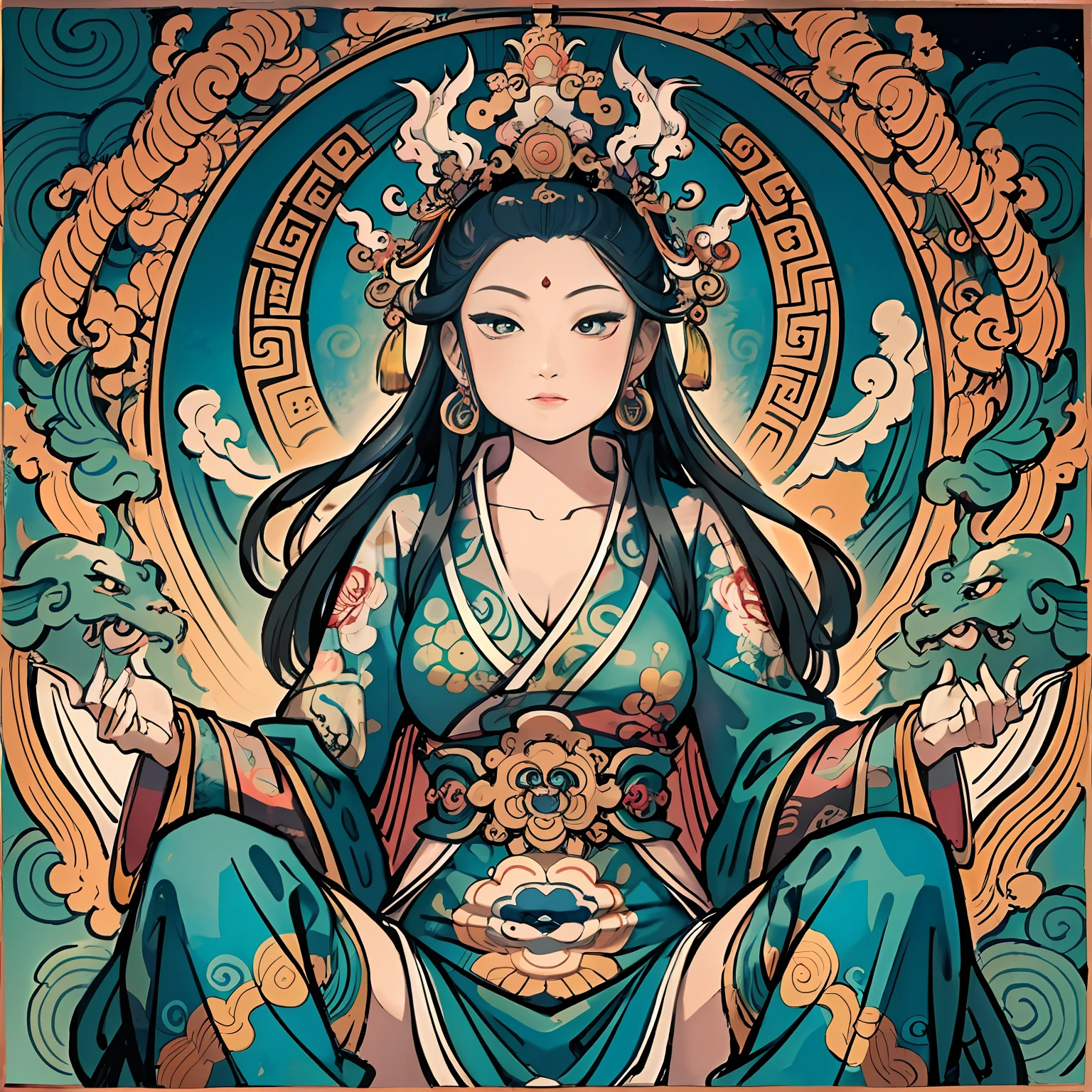 an ancient Chinese goddess, guanyin of the southern seas, Guanyin, Inspired by India, Avalokiteshvara rides a dragon,,Serene expression,shui mo hua,Buddha,Buddhist,Lotus,Chinese painting style,Thangka style