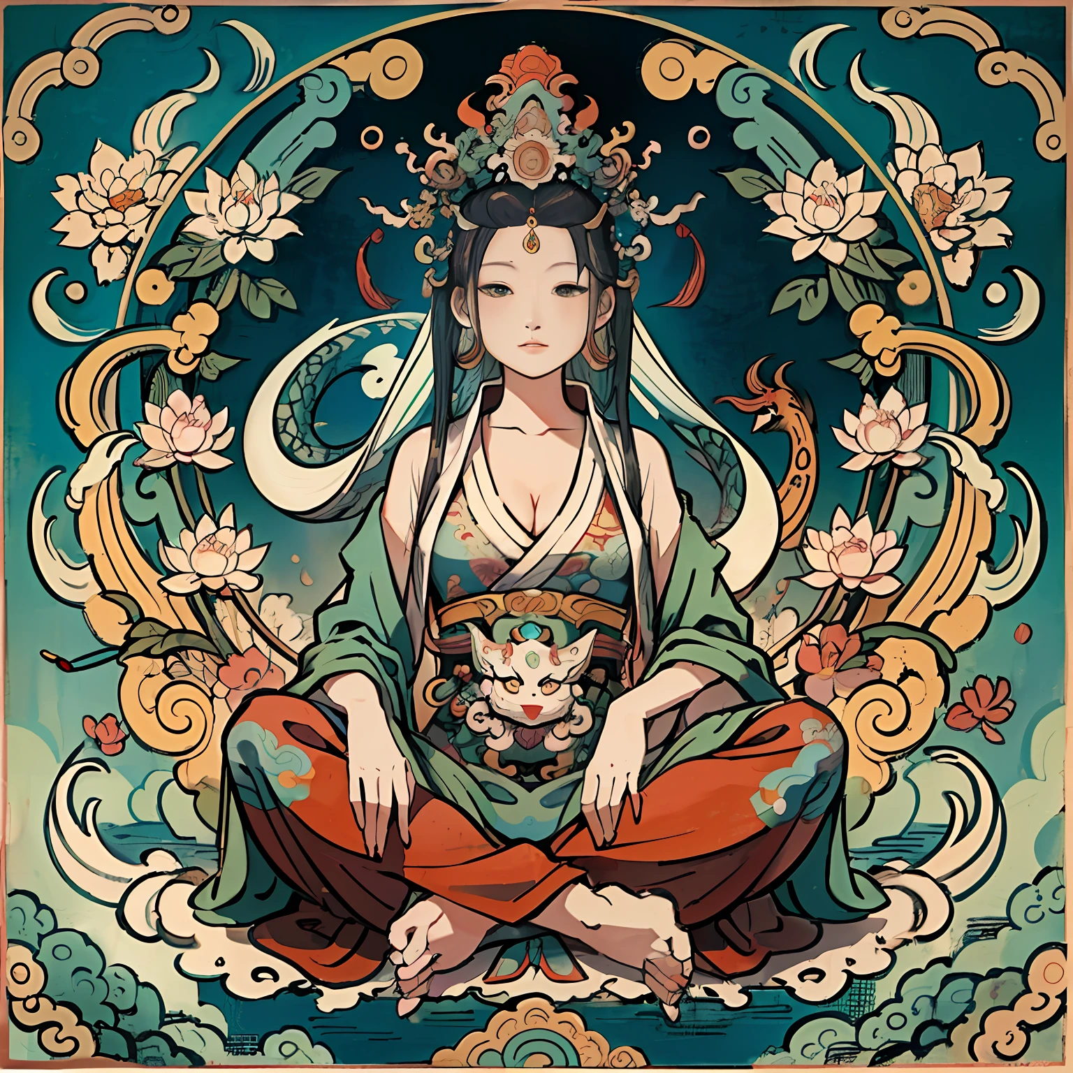 an ancient Chinese goddess, guanyin of the southern seas, Guanyin, Inspired by India, Avalokiteshvara rides a dragon,,Serene expression,shui mo hua,Buddha,Buddhist,Lotus,Chinese painting style,Thangka style