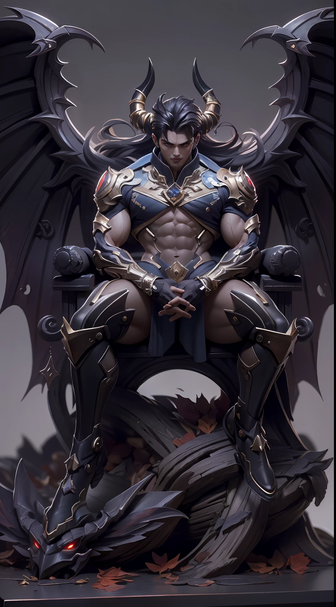 Sculpture design，Figures，GK model，The whole body of the character，Handsome demon，satan，sexy for，Wings，Handsome，Expose muscles，base，Wu Yifan，Handsome cybernetic boy looking at camera lingerie detailed muscular reality masterpiece，musculous