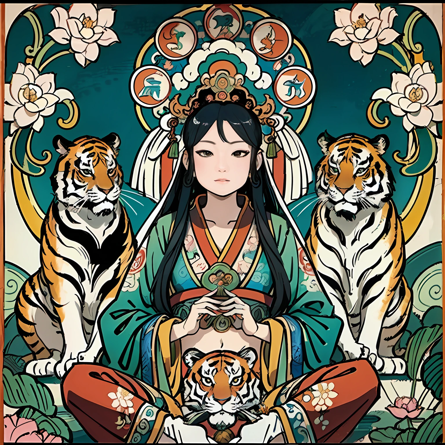 an ancient Chinese goddess, guanyin of the southern seas, Guanyin, Inspired by India, Avalokiteshvara rides a tiger,,Serene expression,shui mo hua,Buddha,Buddhist,Lotus,Chinese painting style,Thangka style