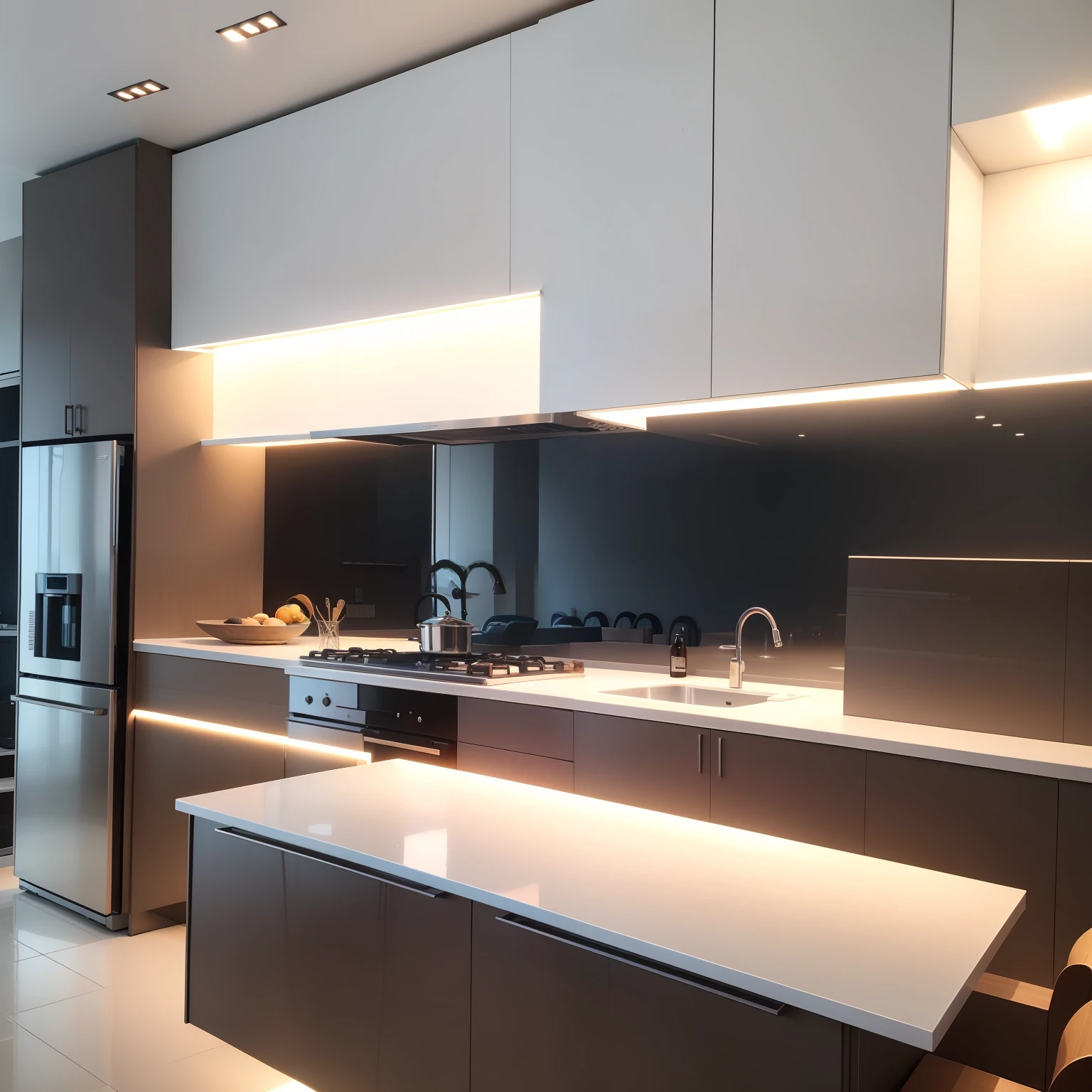 Cozinha, design criativo, custom-designed furniture in MDF in the color Urban Pearl. Ultra qualidade, melhor qualidade, 4k, creative and functional kitchen cabinet, minimalismo, estilo luxo, Marmore bench, ilustre com led, Uplighting, moderno.