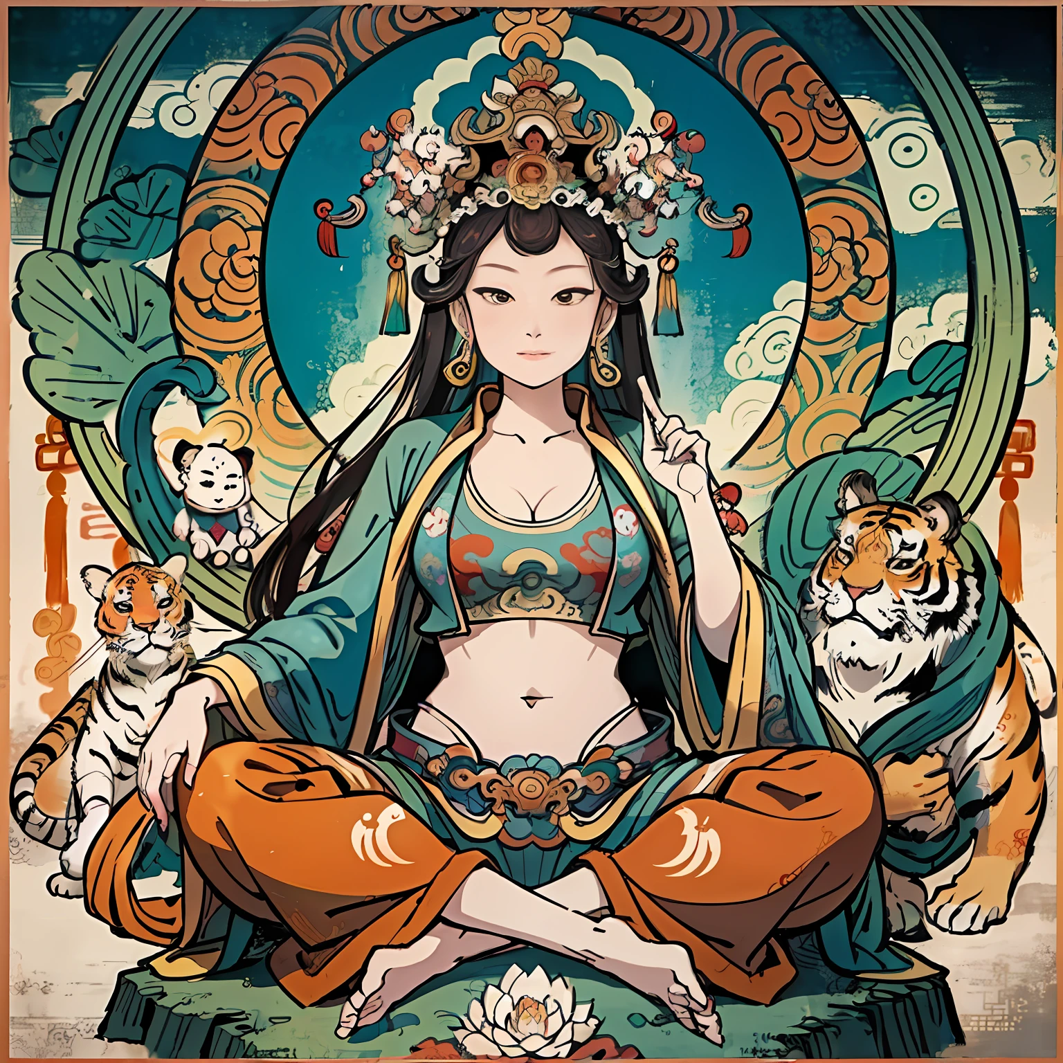 an ancient Chinese goddess, guanyin of the southern seas, Guanyin, Inspired by India, Avalokiteshvara rides a tiger,,Serene expression,shui mo hua,Buddha,Buddhist,Lotus,Chinese painting style,Thangka style