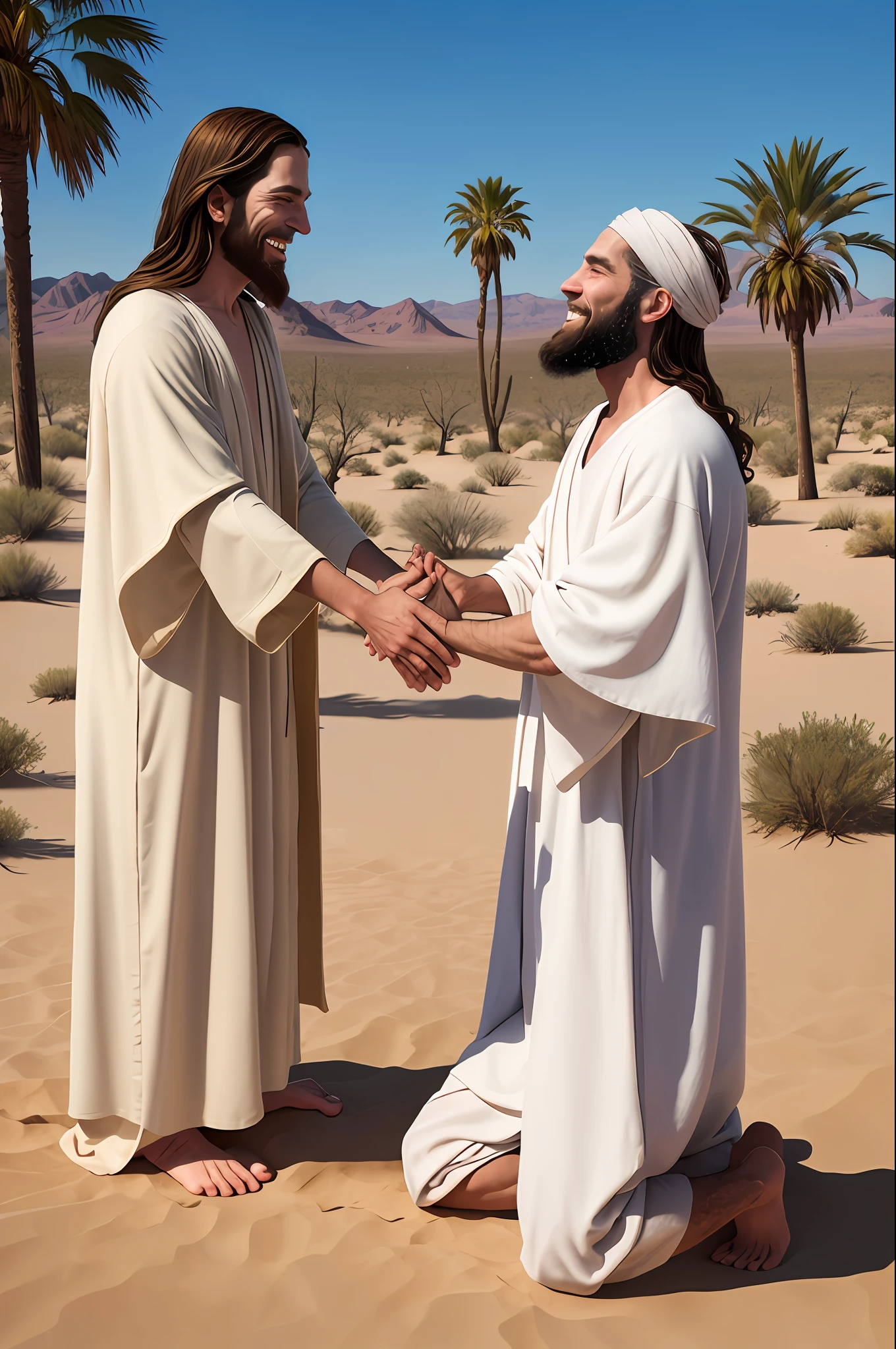 Generate an image of Jesus Christ standing in a desert landscape. He is wearing a simple white robe and has long flowing hair and beard. He is looking down at a leper who is kneeling before him. The leper is covered in sores and is begging Jesus to heal him. Jesus reaches out his right hand towards the leper and smiles compassionately. The leper's face is filled with hope and gratitude. The sky is blue and the sun is shining. There is a sense of peace and love in the image.
Here are some additional details that you can include in the prompt to make the image more realistic and evocative:
The leper should be a man of Middle Eastern descent.
He should be wearing rags and his skin should be covered in sores.
He should be kneeling on the ground with his hands clasped together in prayer.
Jesus should be standing over him with his right hand outstretched.
His face should be filled with compassion and love.
The background should be a desert landscape with a few palm trees.
The sky should be blue and the sun should be shining.