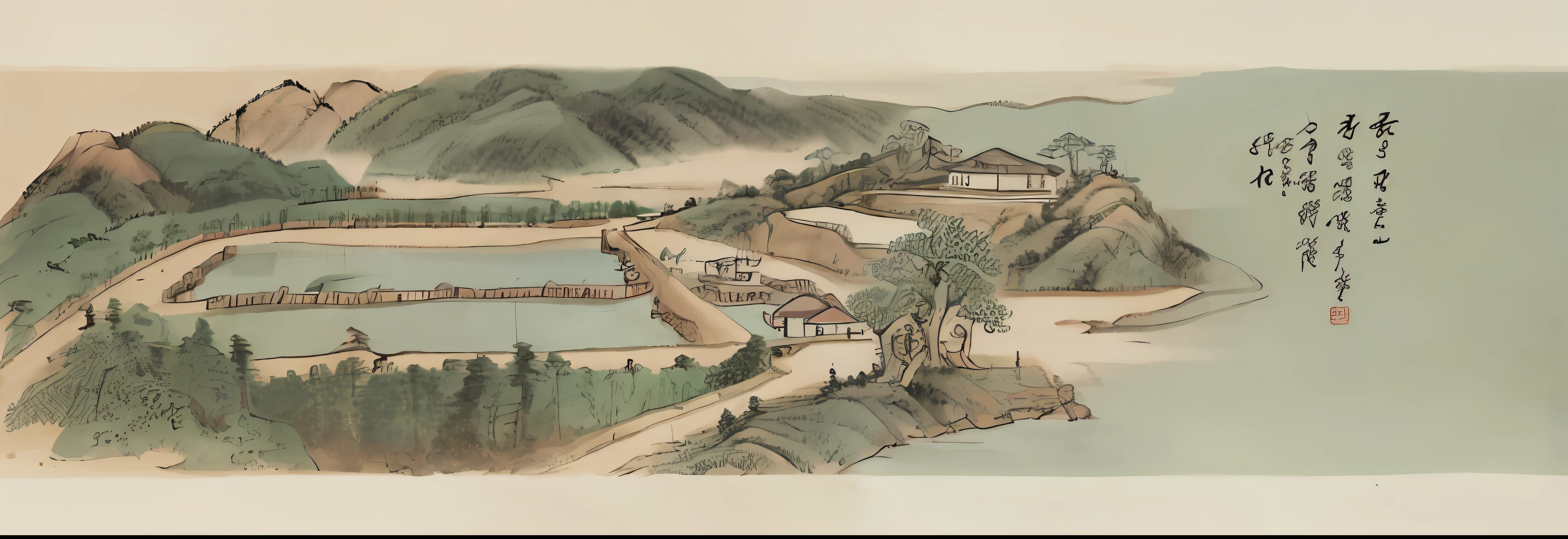 an aerial view of a village with a lot of people, qing dynasty painting, old chines painting, qing dynasty, song dynasty, by Li Di, 1 4 8 0 s, by Tang Di, ancient china art style, by Qian Du, by Qiu Ying, chinese village, by Ni Yuanlu, traditional painting, edo period