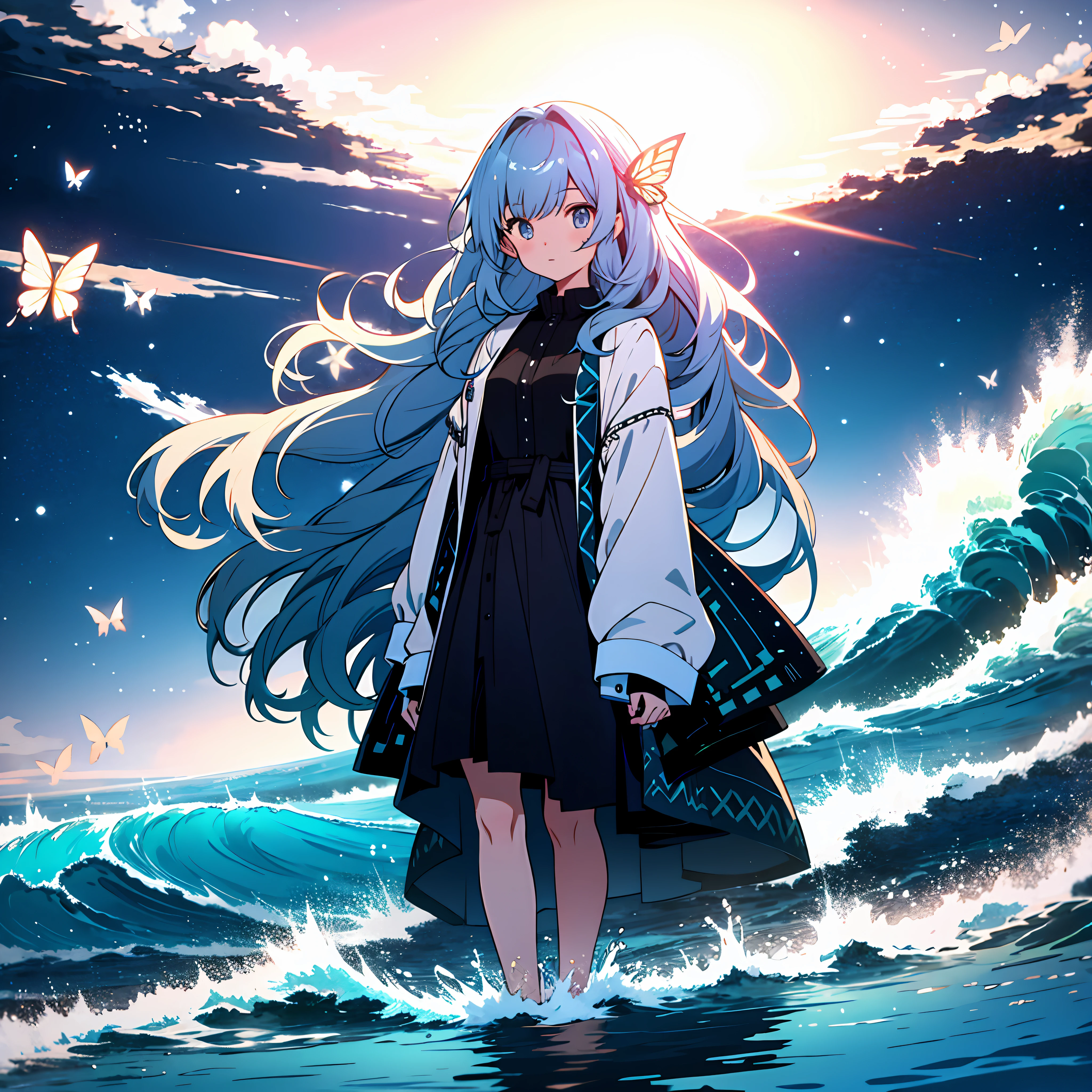 [(white background:1.5),::5] (isometric:1.0), 1girl, mid shot, full body, ocean, sea waves, water splashes, sky, light particles, butterflies, night, starry sky