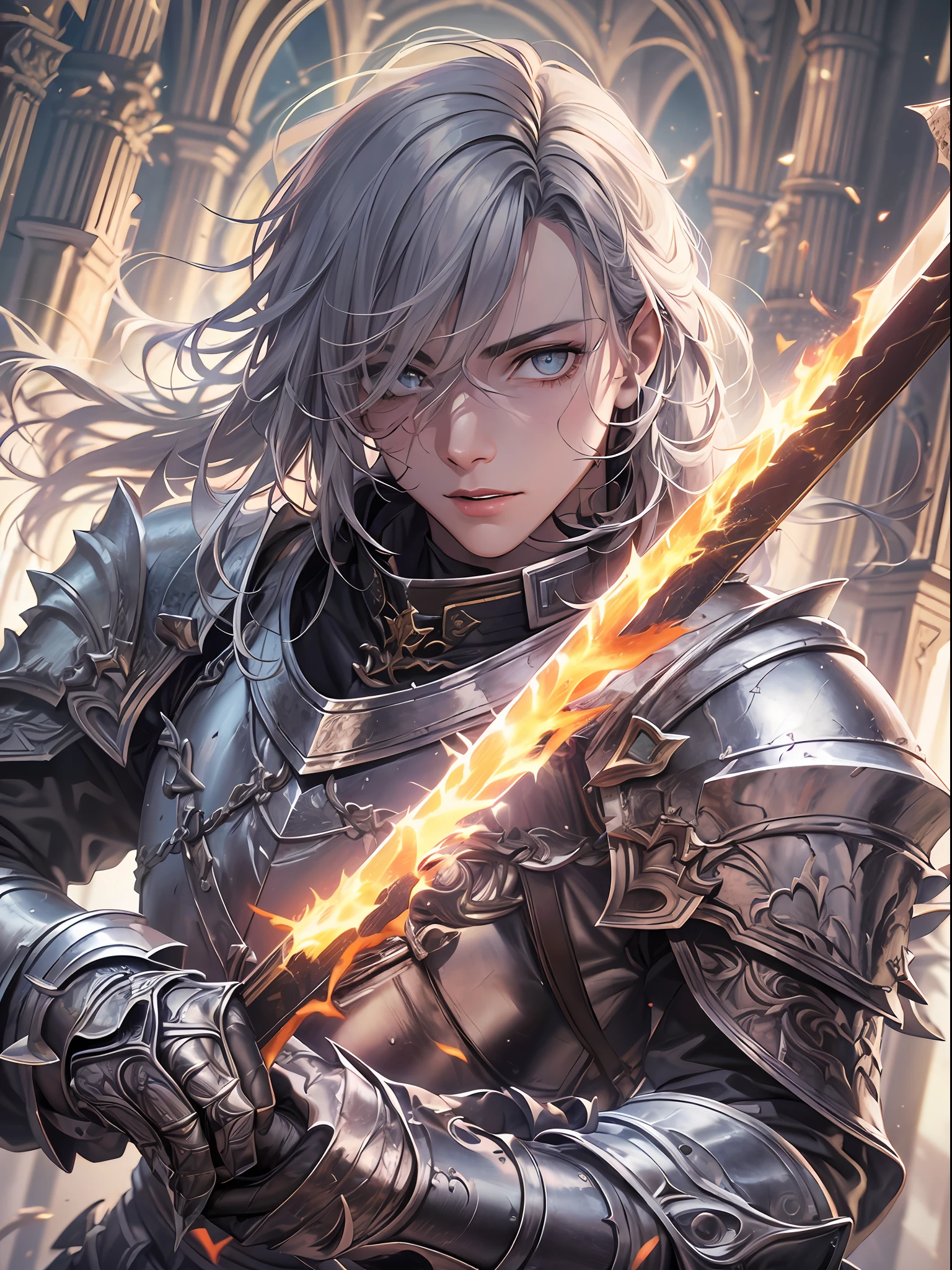 (a teenager male knight in cracked sliver armor), handsome, ((he raise a sword stained with fire)), a giant gate of castle behind him, light from the sky, lots of swords point at the knight, silver hair, black hair, gradient hair, chiaroscuro, cinematic lighting, god rays, ray tracing, reflection light, ((close-up)), masterpiece, best quality, high quality, high details, highest, accurate, anatomically correct, textured skin, UHD, 1080P