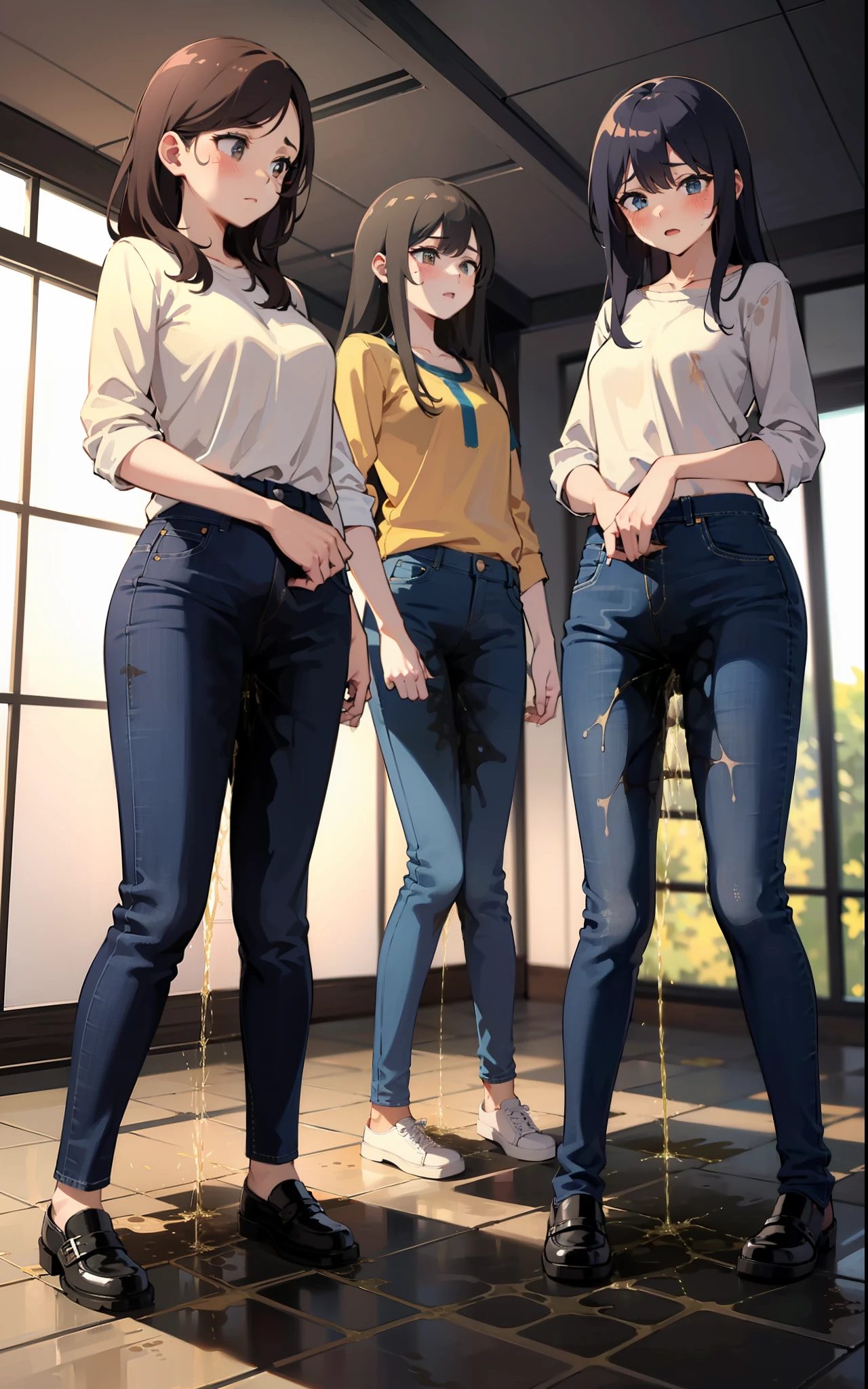 masterpiece, best quality, high resolution, (3girls), 20 years old, (blue jeans pants), full body, blush, worried, park, (((((((pee stain)))))))