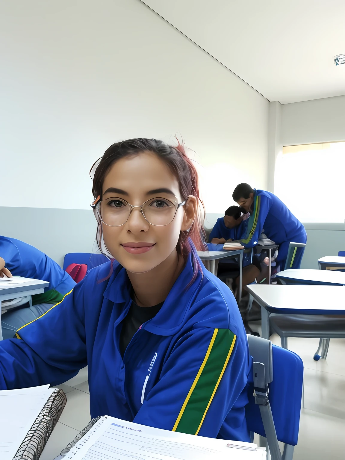 There is a woman sitting at a table with a book and pen, Parece Fabiula Nascimento, Directed by: Nandor Soldier, estudante, Malika Favre, Foto realista, em pif, foto retrato, andrea rocha, Iris Compiet, icaro carvalho, Caroline Gariba, amazing beauty, fotografia de baixa qualidade, academia