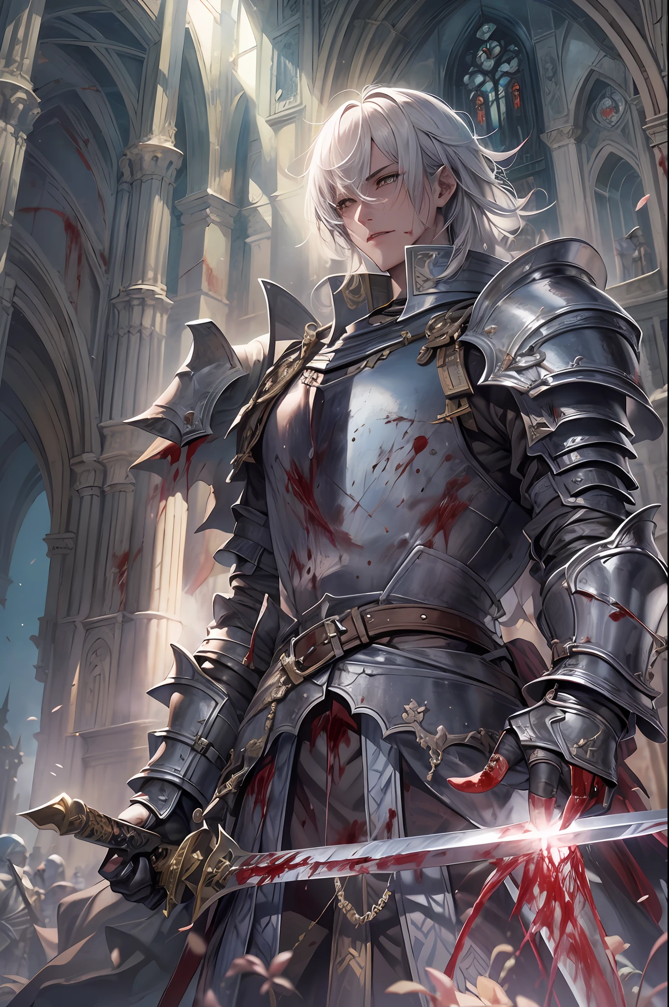 (a teenager male knight in cracked sliver armor), handsome, ((he raise a sword stained with blood)), a giant gate of castle behind him, light from the sky, lots of swords point at the knight, silver hair, black hair, gradient hair, chiaroscuro, cinematic lighting, god rays, ray tracing, reflection light, ((close-up)), masterpiece, best quality, high quality, high details, highest, accurate, anatomically correct, textured skin, UHD, 1080P