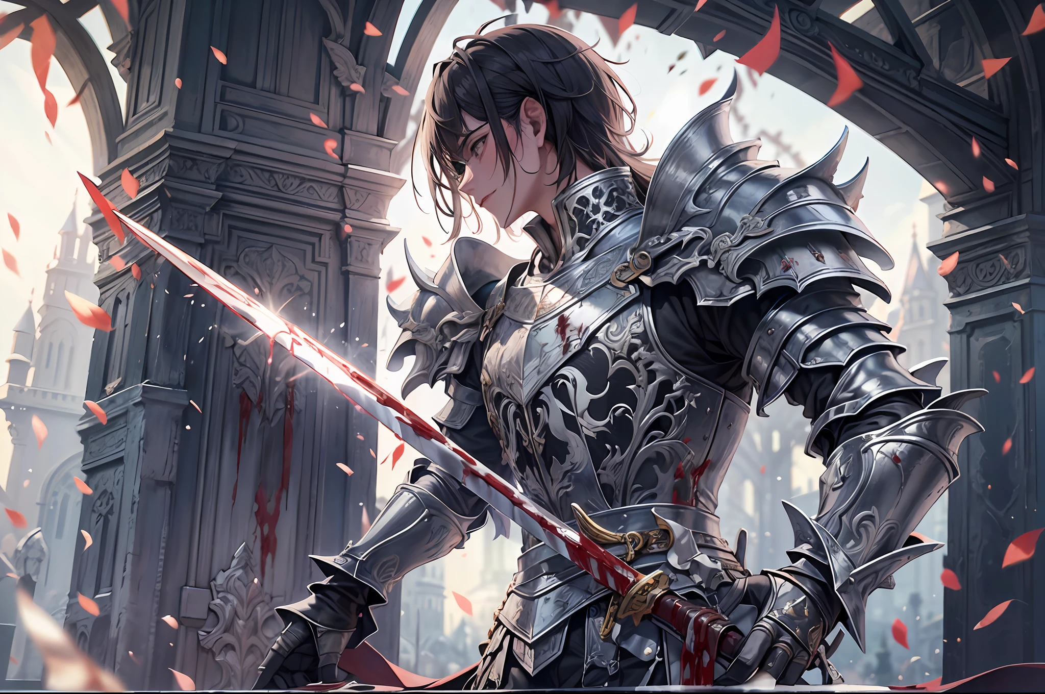 (a teenager male knight in cracked sliver armor), handsome, ((he raise a sword stained with blood)), a giant gate of castle behind him, light from the sky, lots of swords point at the knight, silver hair, black hair, gradient hair, chiaroscuro, cinematic lighting, god rays, ray tracing, reflection light, ((close-up)), masterpiece, best quality, high quality, high details, highest, accurate, anatomically correct, textured skin, UHD, 1080P