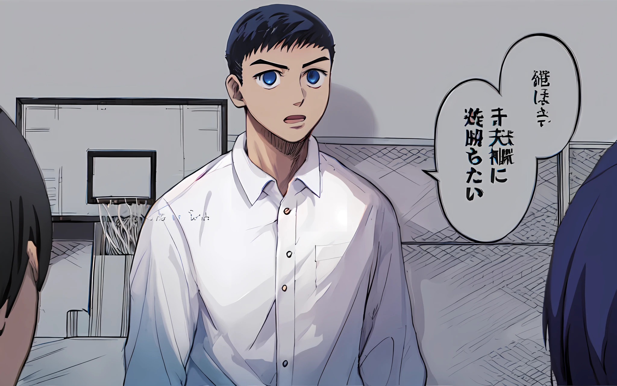 a anime of a boys manga, talking, white shirt, text manga, color manga, manga color, color manga, color manga panel, simple background
