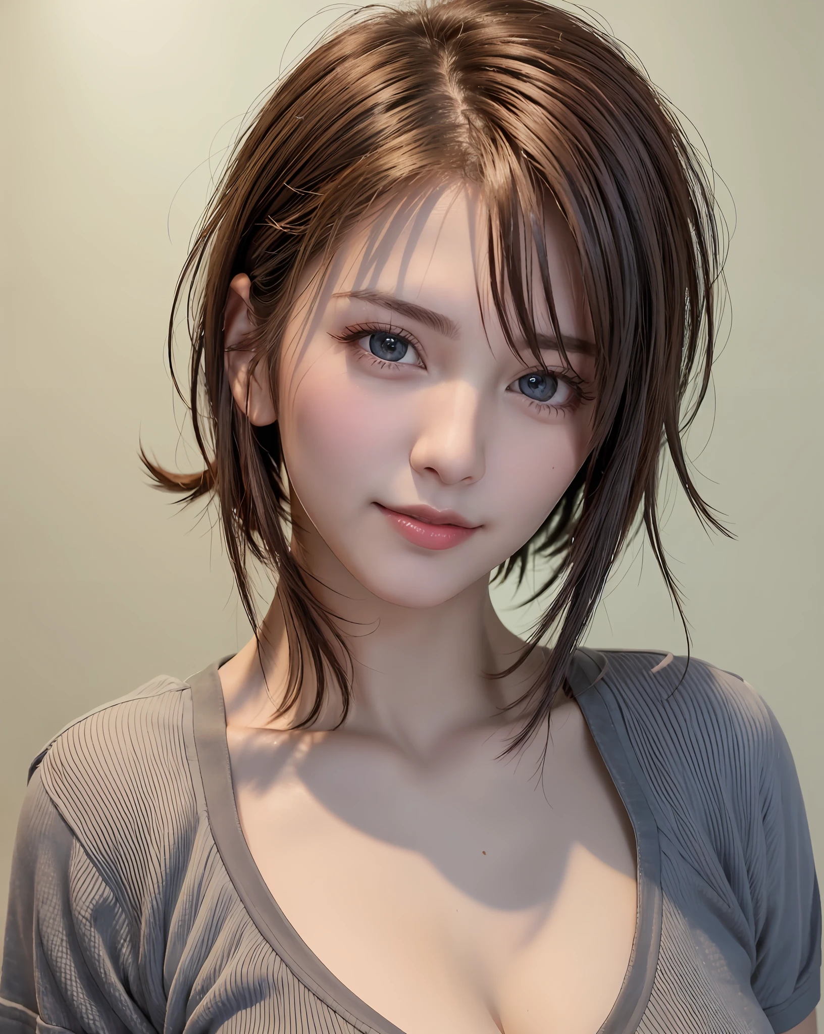 Best Quality, Ultra High Resolution, (Photorealistic: 1.4), Beautiful Eyes, Super Beautiful, Very Short Hair, Beautiful, Sweetheart, T-shirt with Rough Chest, Beautiful Soldier, Eyes That Invite Viewer, Lover's Perspective, Inviting Expression, Sexy Smile, Perfect Style, Perfect Balance, Detailed Skin, Naughty Gaze, Chest Visible